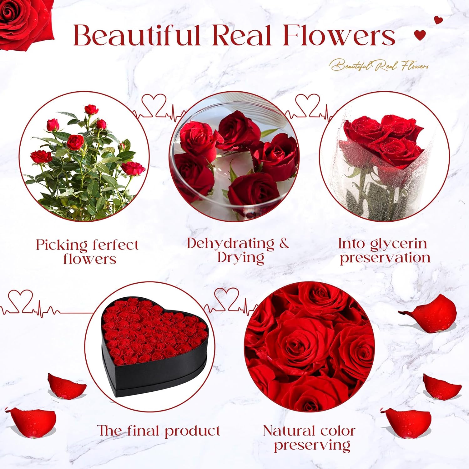 50 Piece Preserved Roses in Heart Shaped Box Valentine's Day Gifts for Her Flowers in a Box Eternal Roses for Women Wife Her Mother's Day - Image 6