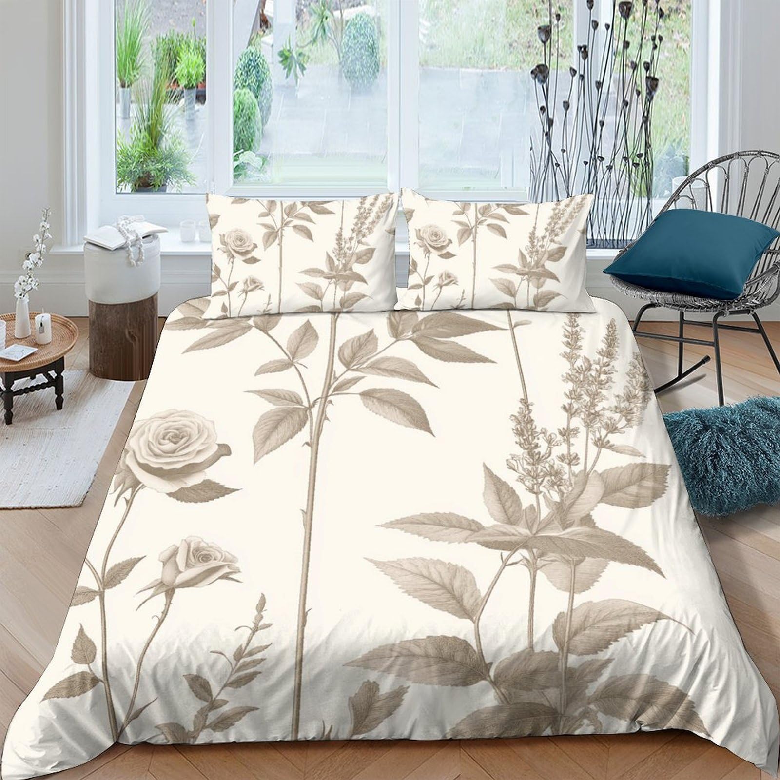 3D Printed Botanical Quilt Cover, Microfiber Duvet Cover Hidden Zipper for