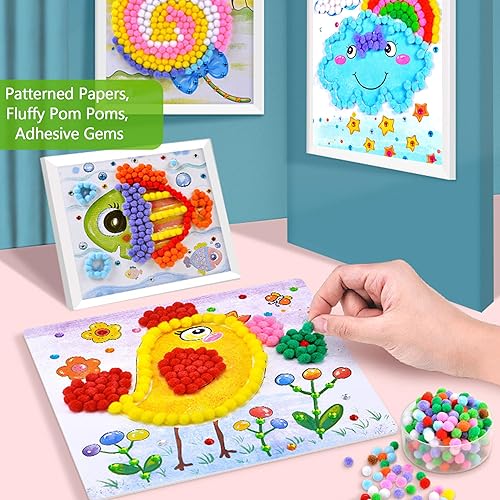 Miniatura 4 de PHOGARY Kit de manualidades con pompones pequeños para todas las edades, calcomanías de animales de flores, arco iris, suministros de pintura,