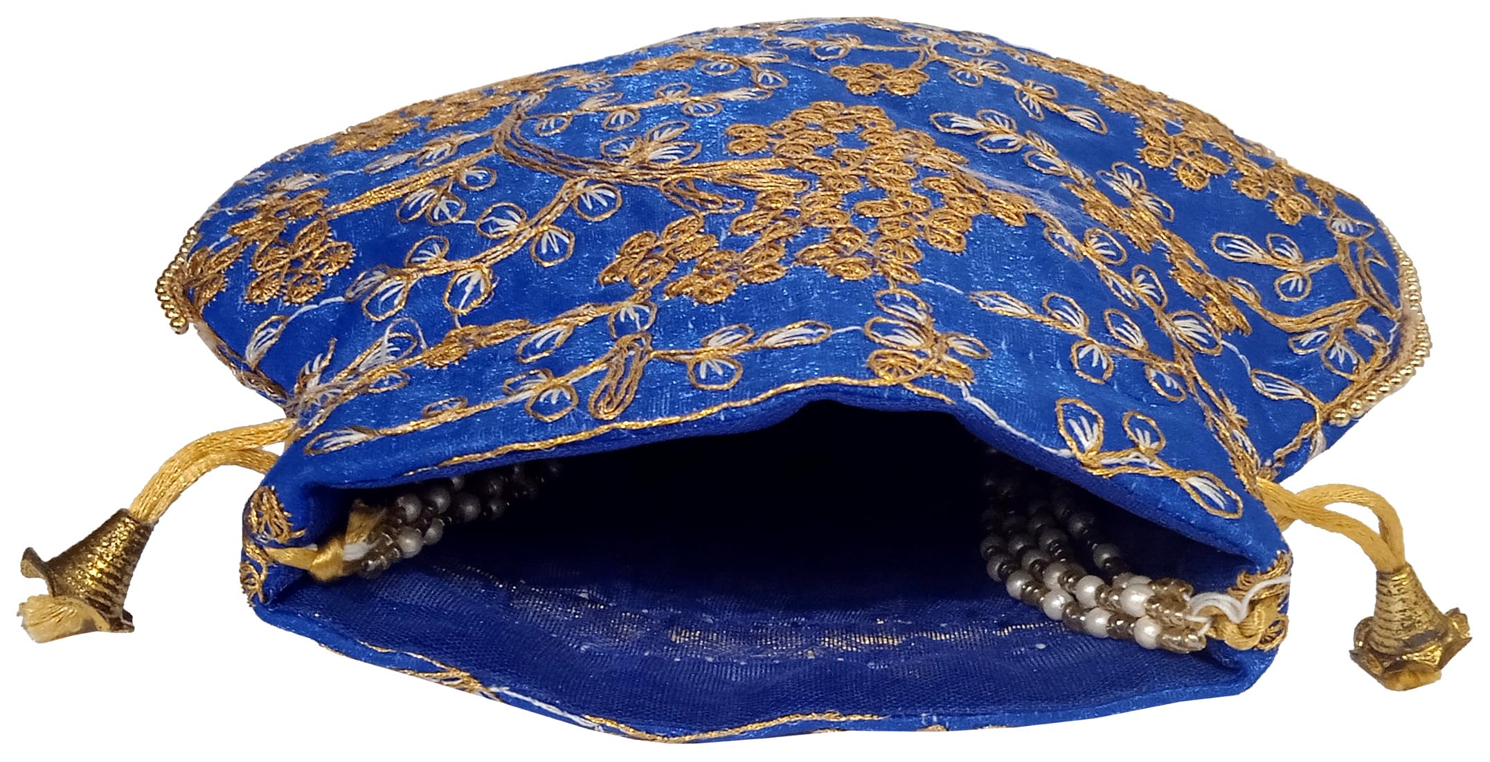 Purpledip Silk Potli Bag (Clutch, Drawstring Purse): Intricate Gold Thread & Sequin Embroidery Satchel For Women, Blue (12602D) - Image 6 thumbnail