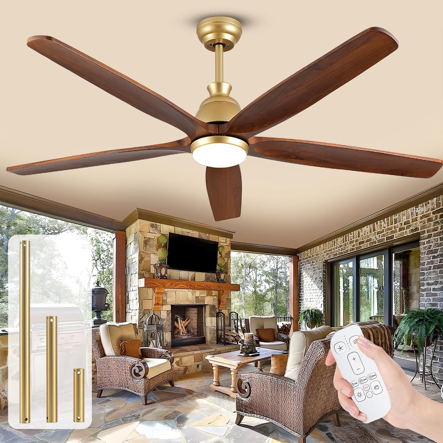 60 Inch Gold Ceiling Fan with Lights and Remote, Indoor Outdoor Modern Wood Led Ceiling Fan with Lights for Bedroom Patio Living Room, Noiseless, Reversible DC Motor, Dimmable 3CCT