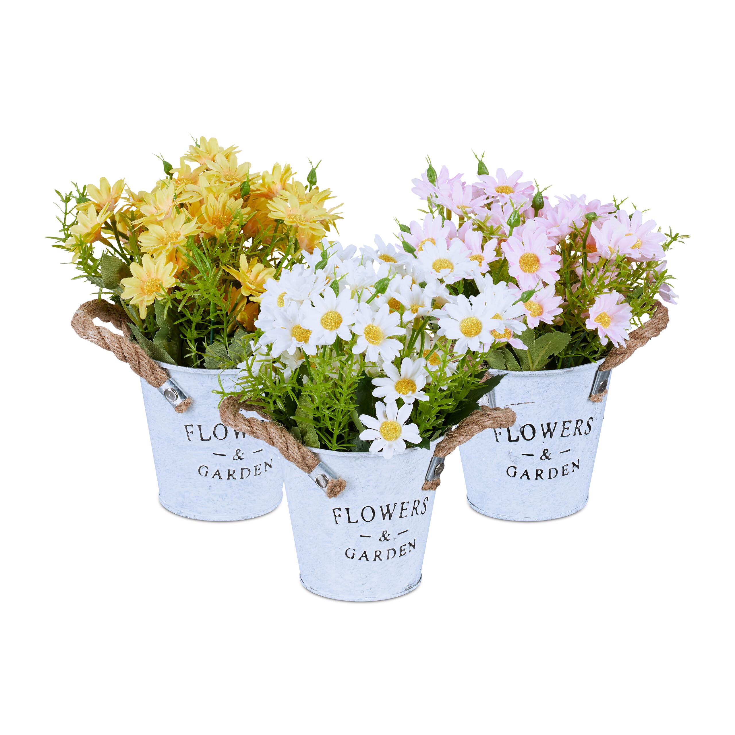 Relaxdays Set 3 Piante Finte da Interno, Piantine Fiori Artificiali in Vaso, Crisantemi HxD 20x15 cm, Giallo Bianco Rosa