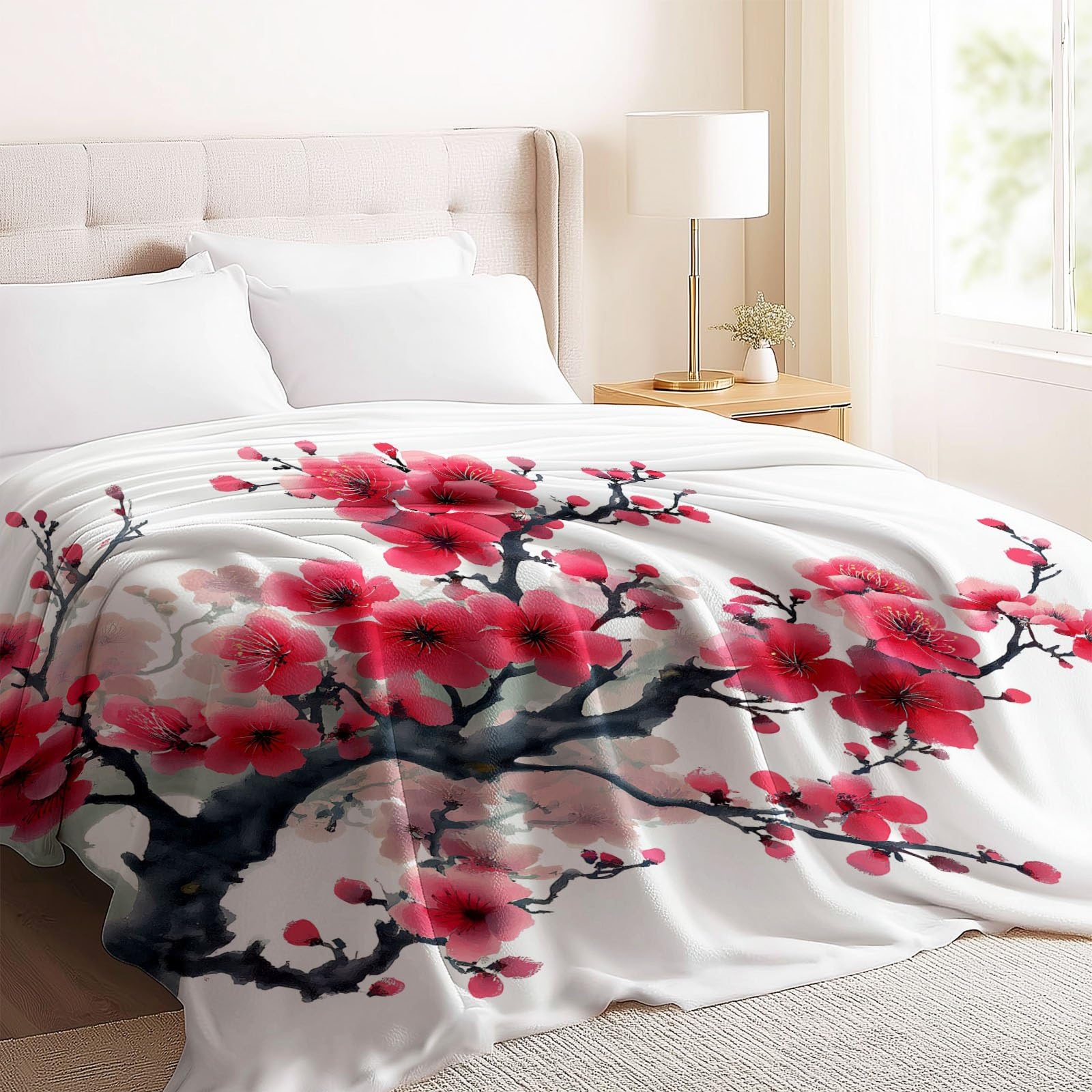 Coperta in pile da 150 x 200 cm, morbida e leggera, con stampa tradizionale orientale, con boccioli di prugna, con stampa a inchiostro, morbida e accogliente, per letto e divano, per viaggi, campeggio