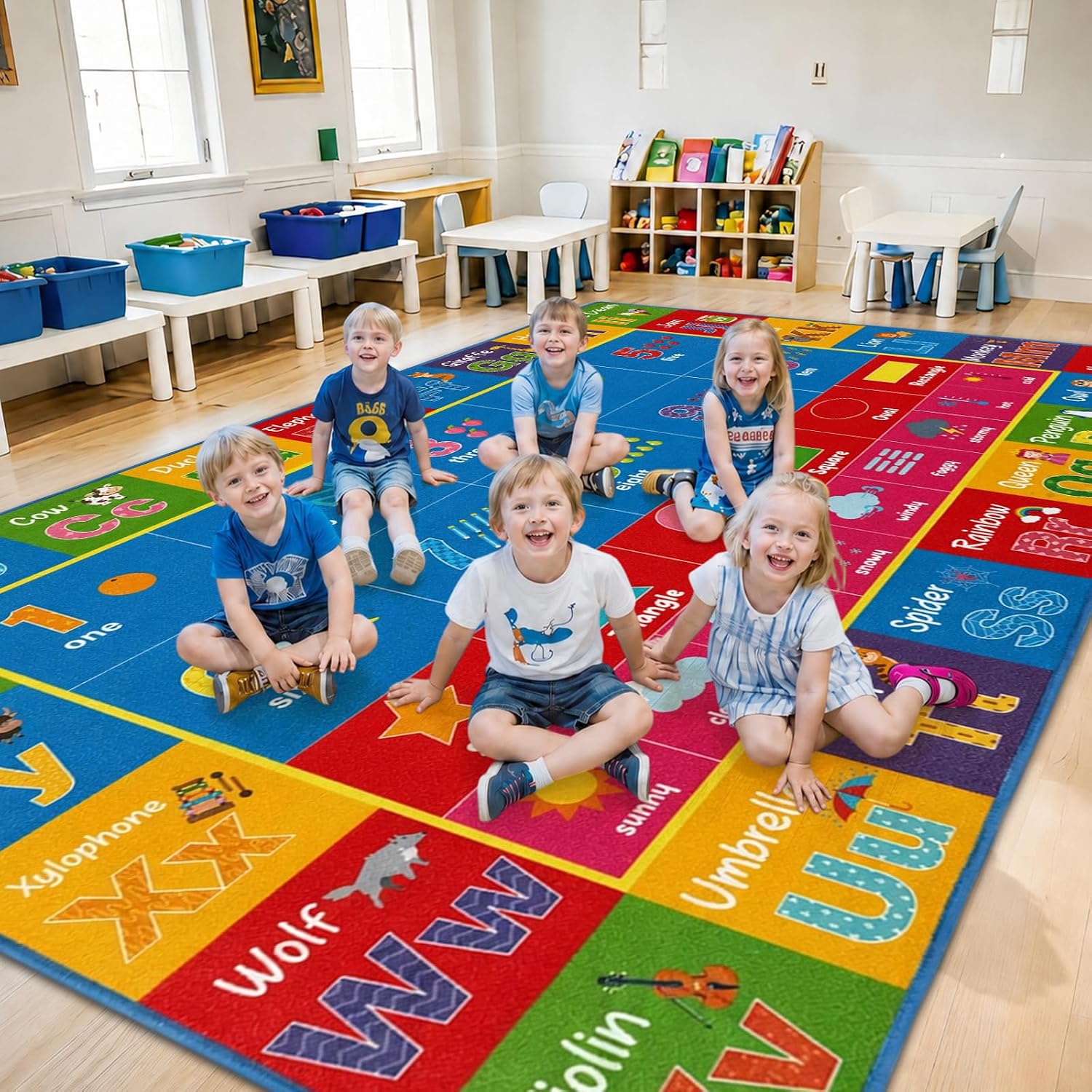 5x7.6 ft Large ABC Alphabet Classroom Rug Colorful Educational Area Mat Alphabets Shape Animal Fruit Play Carpet Educational Learning Mat for Back to School Preschool Nursery Kindergarten (Alphabet)
