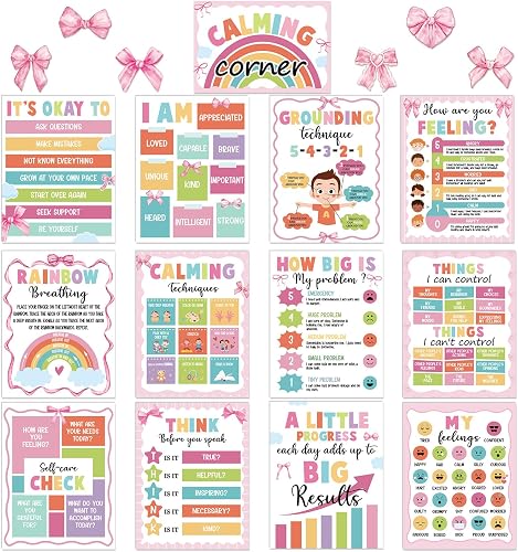 19PCS Pink Bow Calming Corner Classroom Posters Calm Down Corner Emotion Posters
