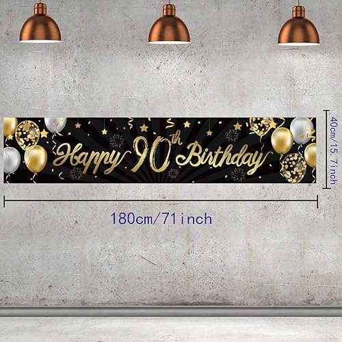 Miniatura 2 de Cartel de feliz cumpleaños 90 para hombres y mujeres, letrero negro y dorado con purpurina de 90 años, suministros de decoración de fiesta de