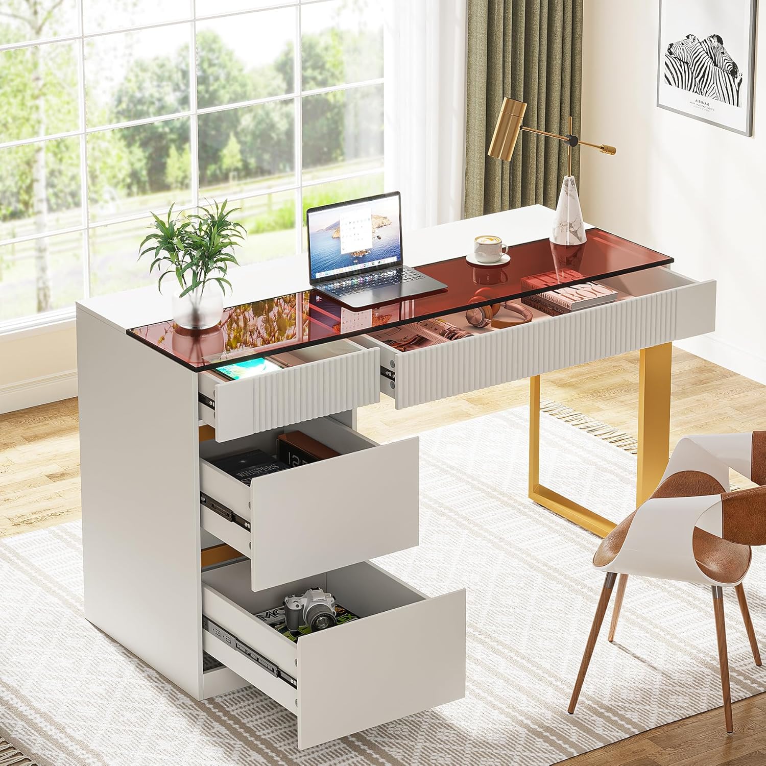 Tribesigns Computer Desk with 4 Drawers, 47 Inch Modern Home Office Desk with Glass Top, White and Gold Writing Workstation Desk with Storage, Makeup Vanity Table for Living Room, Bedroom