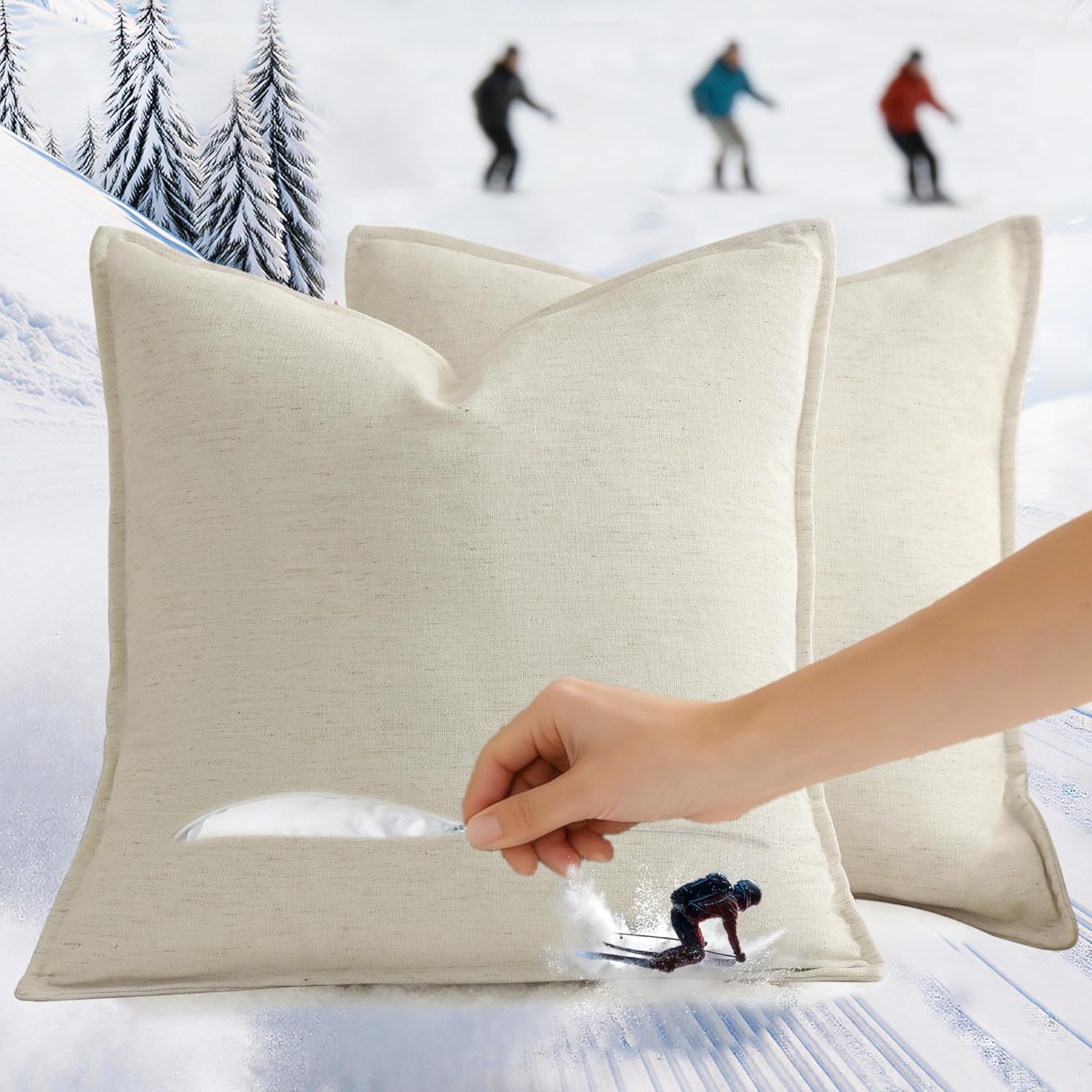 Pack of 2 Square Decorative Vintage Throw Pillow Covers 20x20 inch, Pearl White Chenille Linen Blend, Ultra Soft Extra Thick Luxury Neutral Cushion Covers for Sofa Bed, Modern Boho Farmhouse Decor