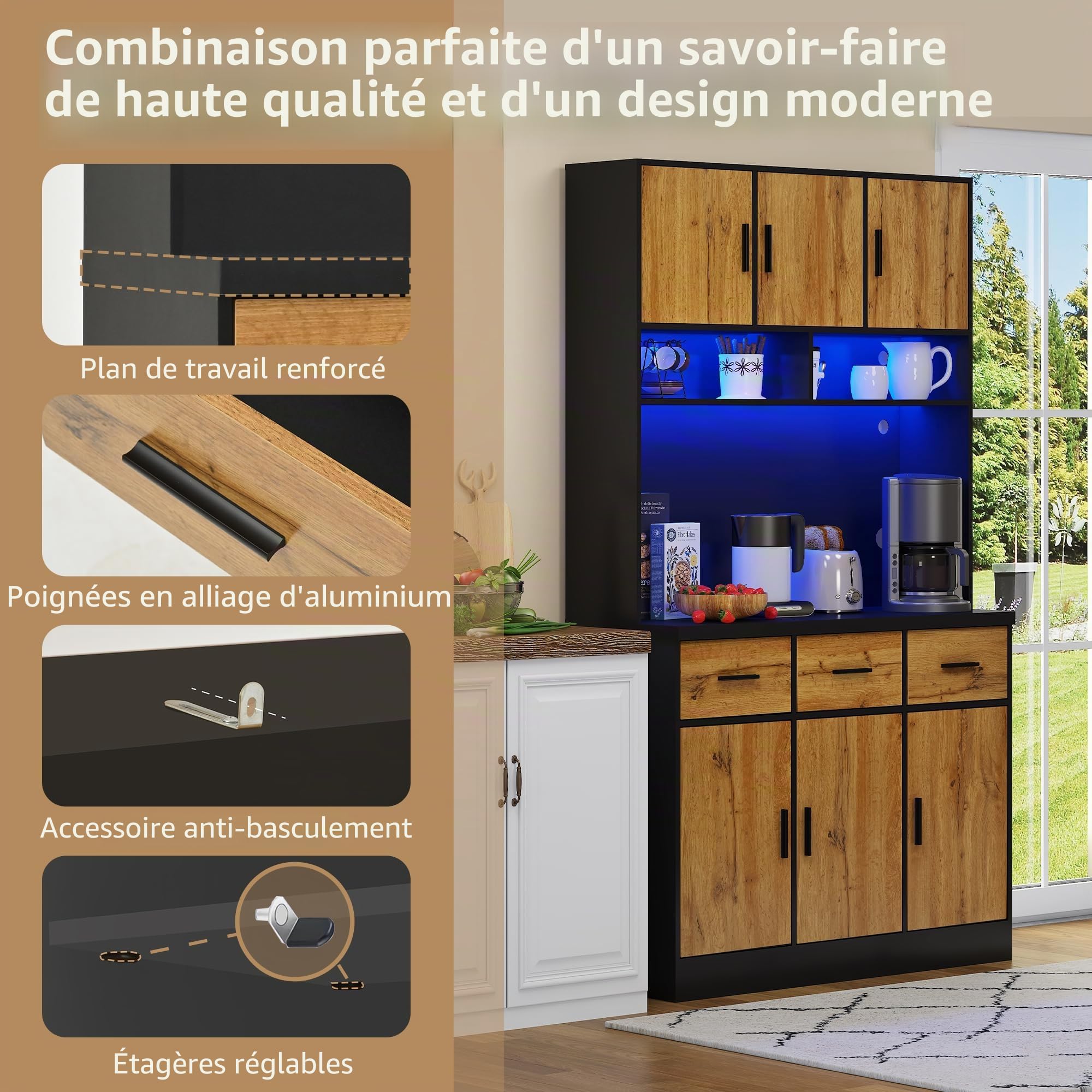 Buffet multifonction 100 x 40 x 180 cm avec éclairage LED, télécommande, prise et ports USB, étagères et tiroirs réglables, idéal pour les cuisines et les salles à manger, noir + naturel A
