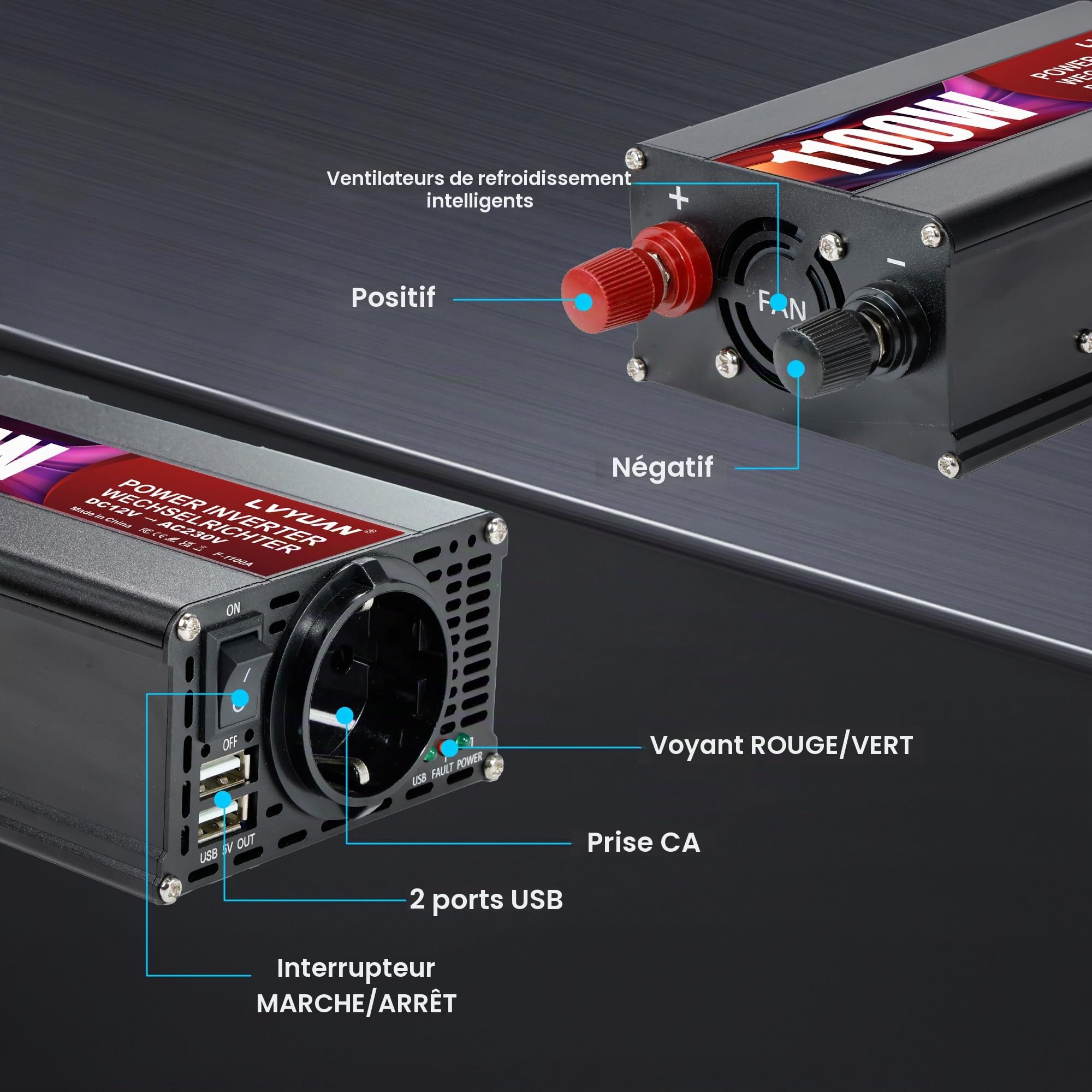 LVYUAN Convertisseur 12V 220V 1100W/ 2000W DC à AC Convertisseur de Puissance Voiture Onduleur Inverter Transformateur avec 2 Ports USB