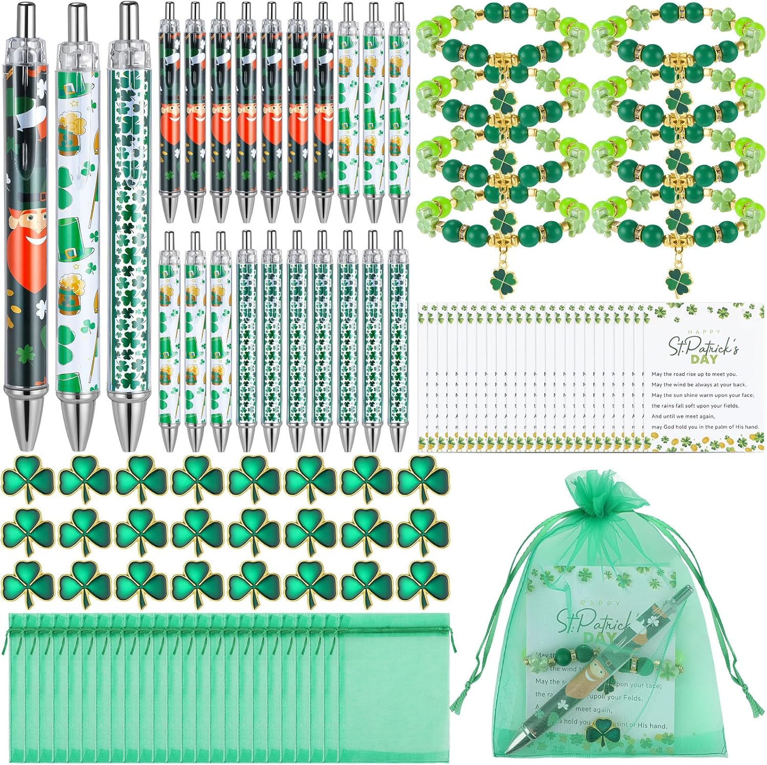 Kenning 24 Set St. Patrick's Day Items Bulk Ireland Gifts Include Pens Pins Bracelets Organza Bags St. Patrick's Day Campaign Supplies for Theme Charity Event