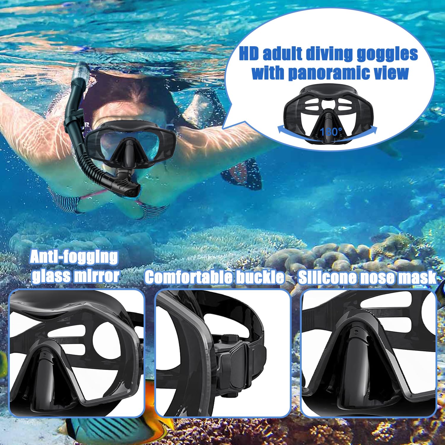 Maschera Subacquea Adulti, Maschera Snorkeling Adulto con Boccaglio, Maschera Subacquea per Adulti, Maschera per Immersioni, Maschera e Boccaglio Snorkeling, per Immersioni, Apnea e Snorkeling