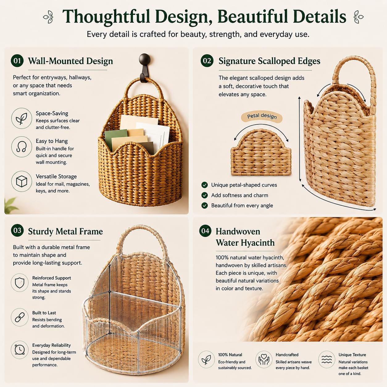 Tray For EntrywayTable,Hanging Scalloped Wall Basket,Large Scalloped Basket | Entryway Organization Set, Woven Water Hyacinth Wicker, Drop Zone For Keys, Mail & Entryway Storage Decor