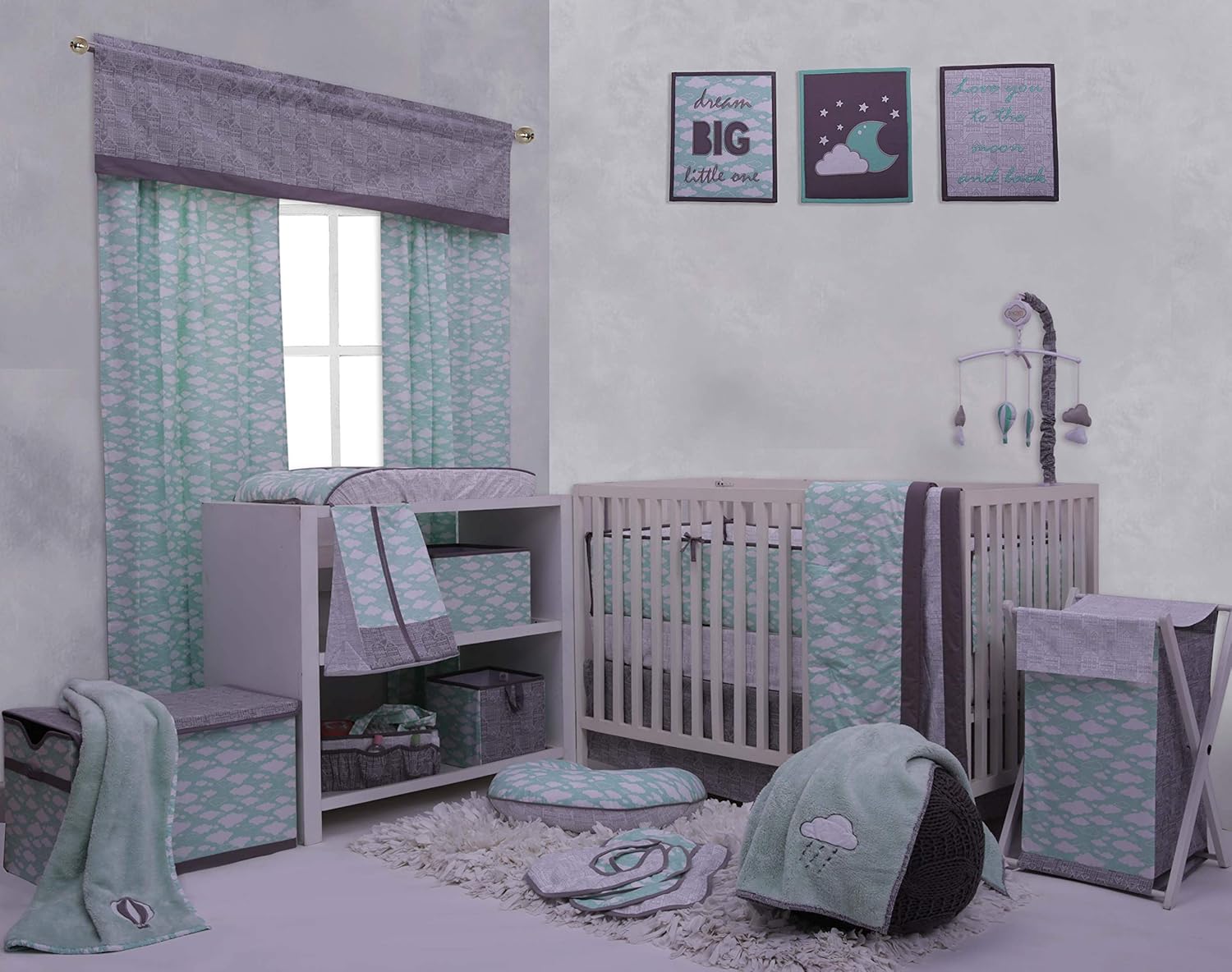 Bacati Clouds in The City Collapsable Hamper, Mint/Grey