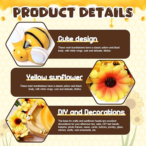 Miniatura 3 de Yzzsjc 50 piezas de decoración de abejas de resina pequeñas con 50 cabezas de girasol amarillo de seda artificial, 3 tamaños, en forma de abejorro,