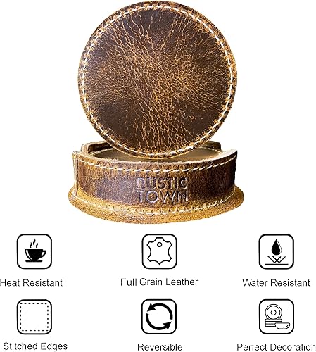 Miniatura 4 de Rustic Town Posavasos de cuero para bebidas, posavasos para mesa de café, mesa de cocina, bar, regalos para el hogar y la oficina, posavasos hechos