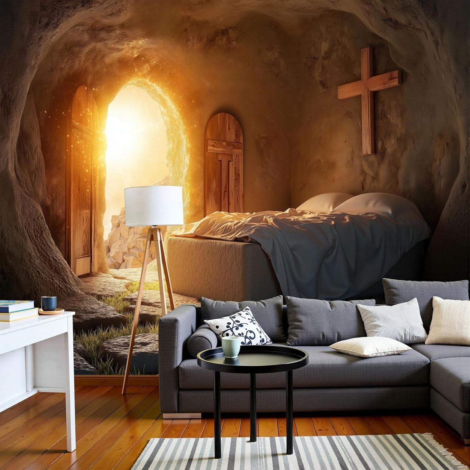 kfjhgbdshhj Photo Wallpaper Bed in the Cave Mystery Cross Non-Woven Modern Wall Living Room Bedroom Brown XXL Wall Decor Motif Wallpaper, 250cm x 175cm Stickers - Frameless Painting - Poster
