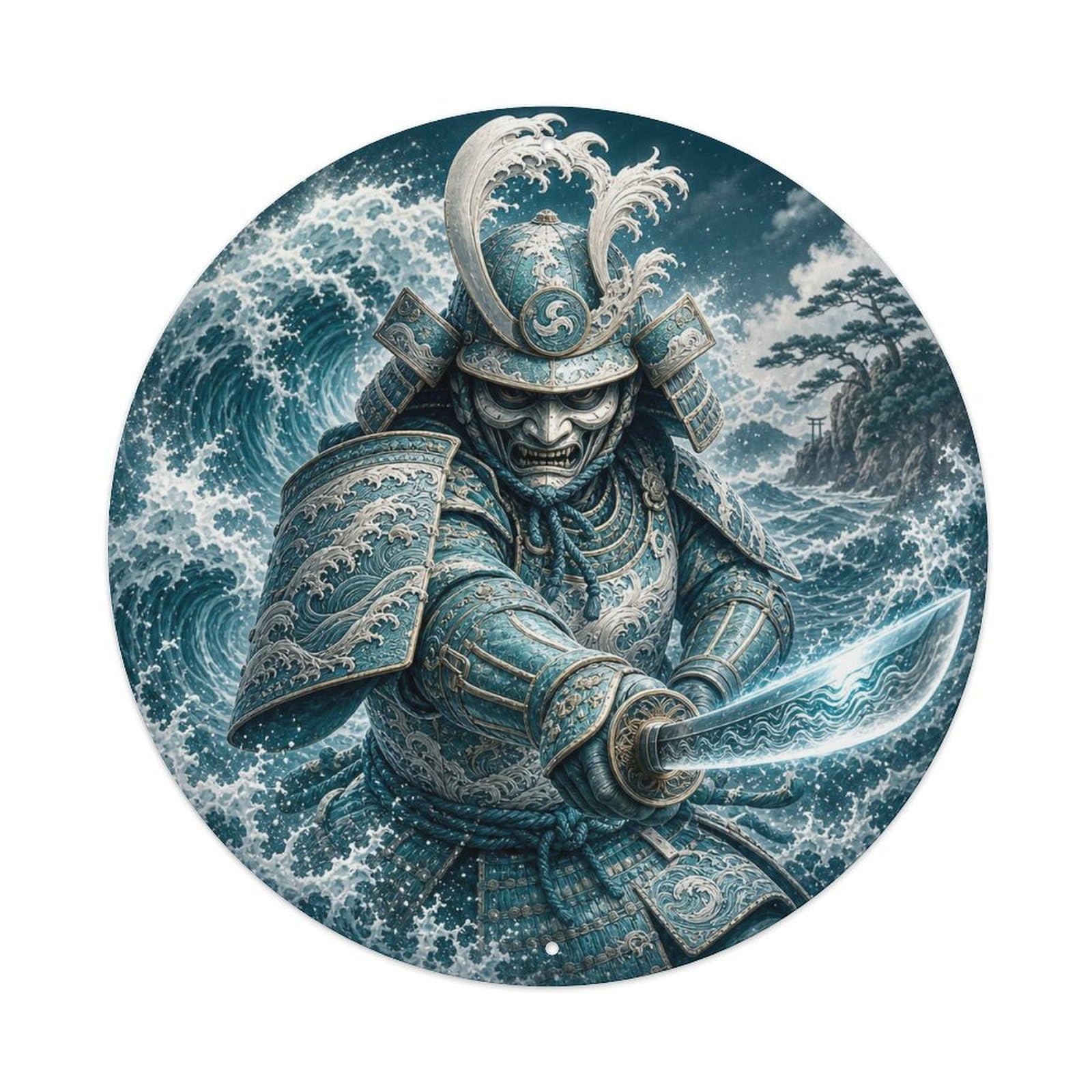 Okngb Style Battle Forward Lunge Aqua Tide Strike Katana Badge Metal Tin Sign Plaque Wall Decor For Cafe, Man Cave, Club Bar, Office, Home Garden Round Metal Poster 8X8inch