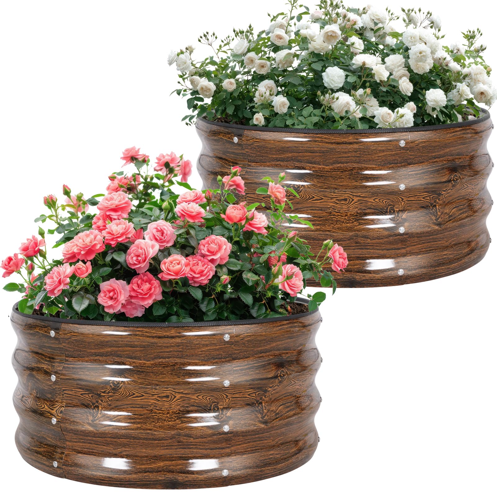 Permade Galvanized Raised Garden Bed- 2Pcs 2x2x1FT Metal Planter Boxes Outdoor | Round Steel Raised Bed Kit & Fire Pit Ring for Gardening with Protective Tape, Gloves for Vegetables (Wood Grain)
