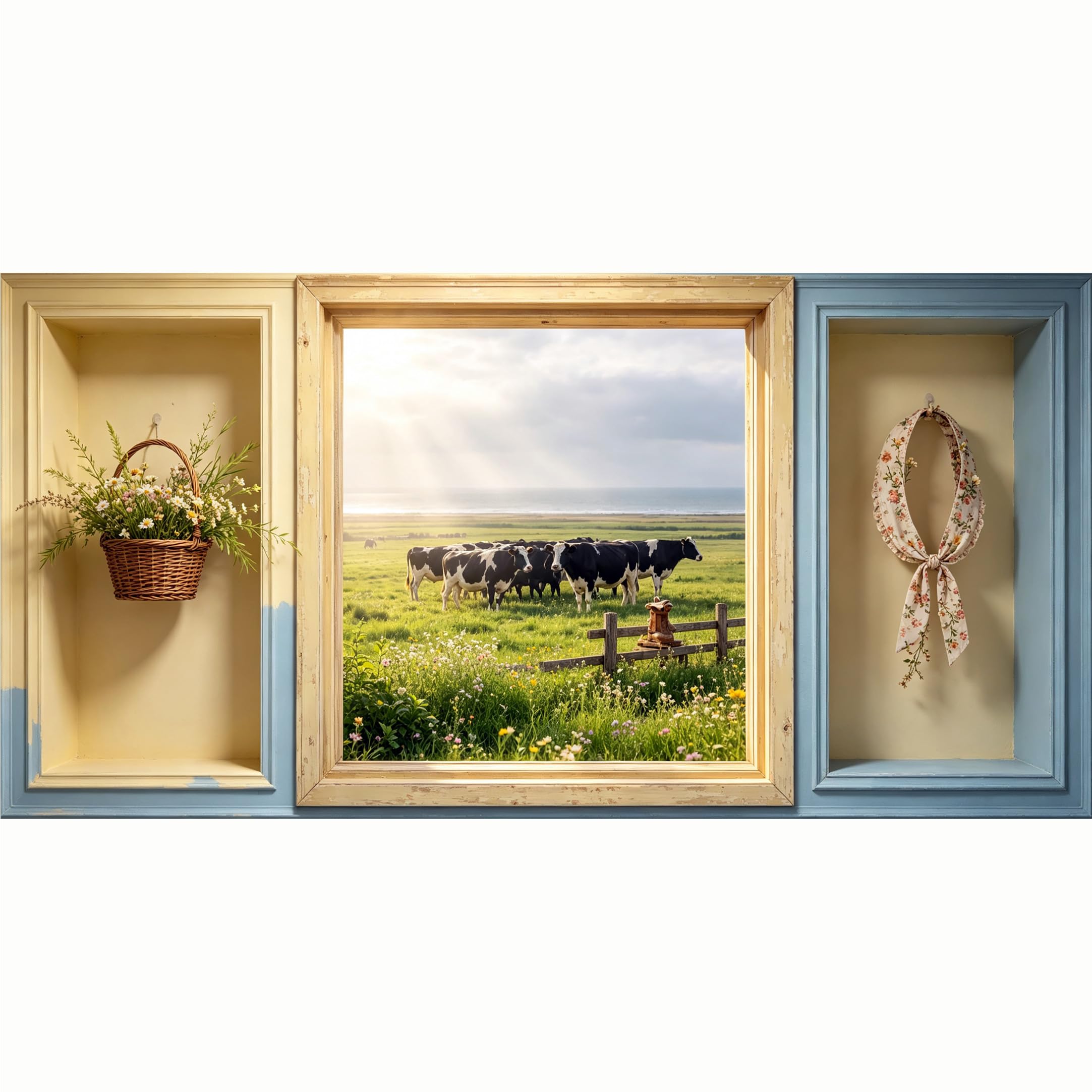 QZLITHOTIC 50x100cm 3D Framed Wall Art， Farmhouse Cow Pastoral Landscape Self‑Adhesive Mural， Water‑Activated Peel & Stick Fabric Decor Wall Decal for Bedroom Living Room