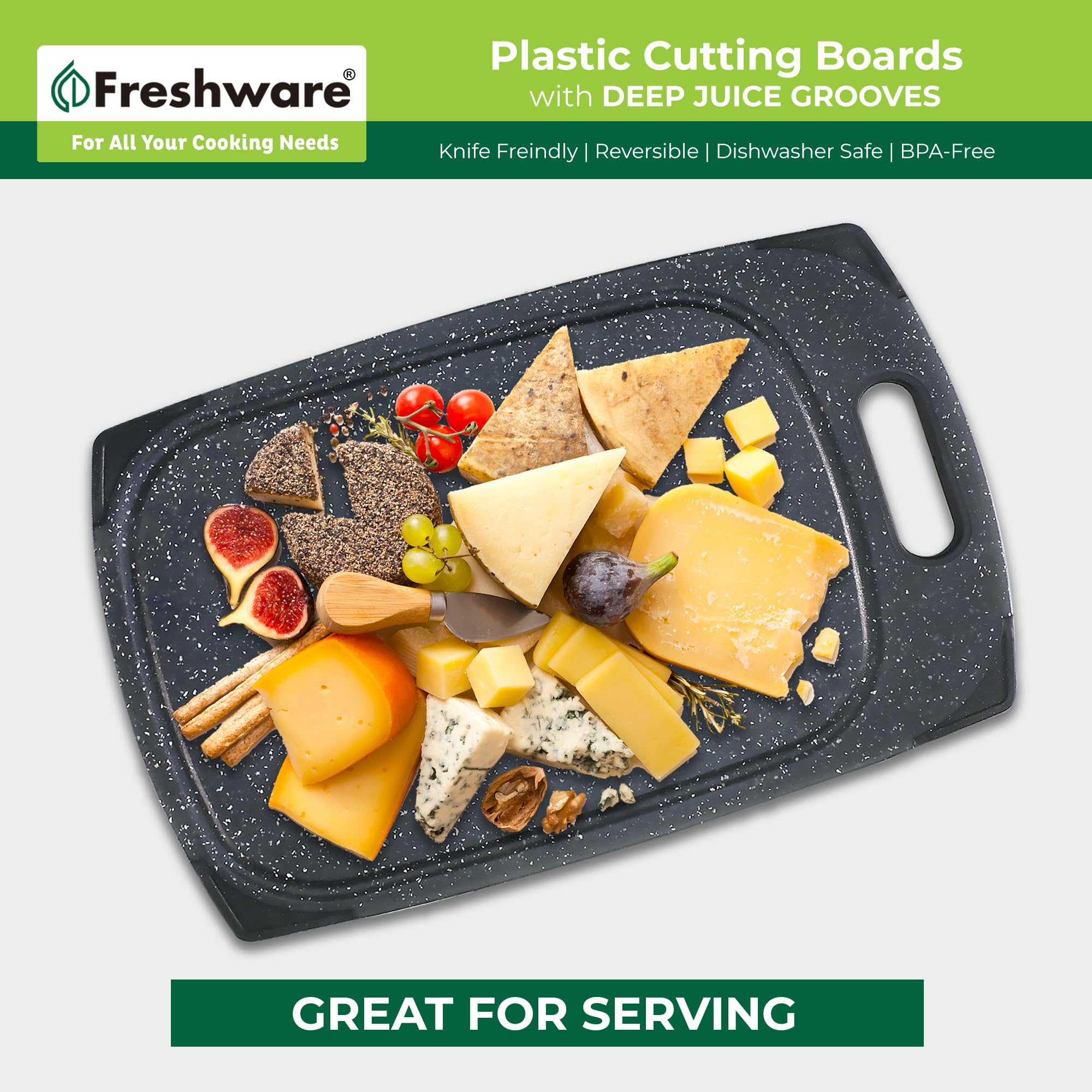 Juego de 3 tablas de cortar de plástico para cocina, ranuras para jugos con mango de fácil agarre, sin BPA, no porosas, aptas para lavavajillas, mármol negro