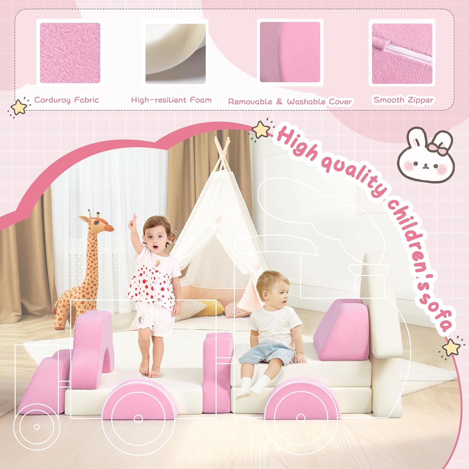 Modular Kids Play Couch, 13PCS Thick Toddler Sofa Set, Convertible Foam Couch for Building Forts, Lounger & Play, Removable Washable Cover for Playroom, Bedroom (Pink)