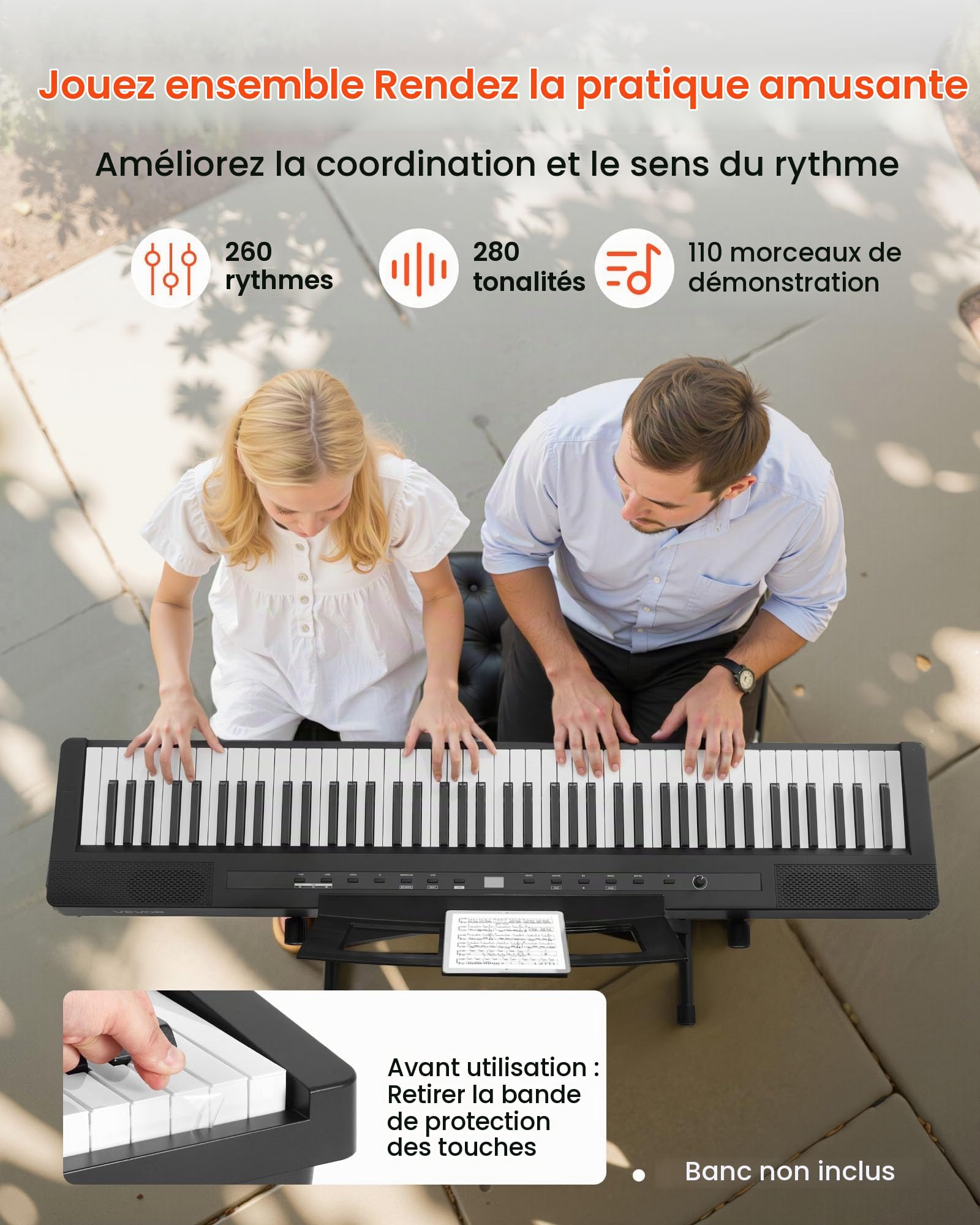 VEVOR Piano Numérique 88 Touches Lestées, Mode Double Clavier et Haut-parleurs, avec Support en X, Pédale de Sustain, Fonction Enregistrement, 280 Sonorités, Connexion Sans Fil, pour Débutants, Noir