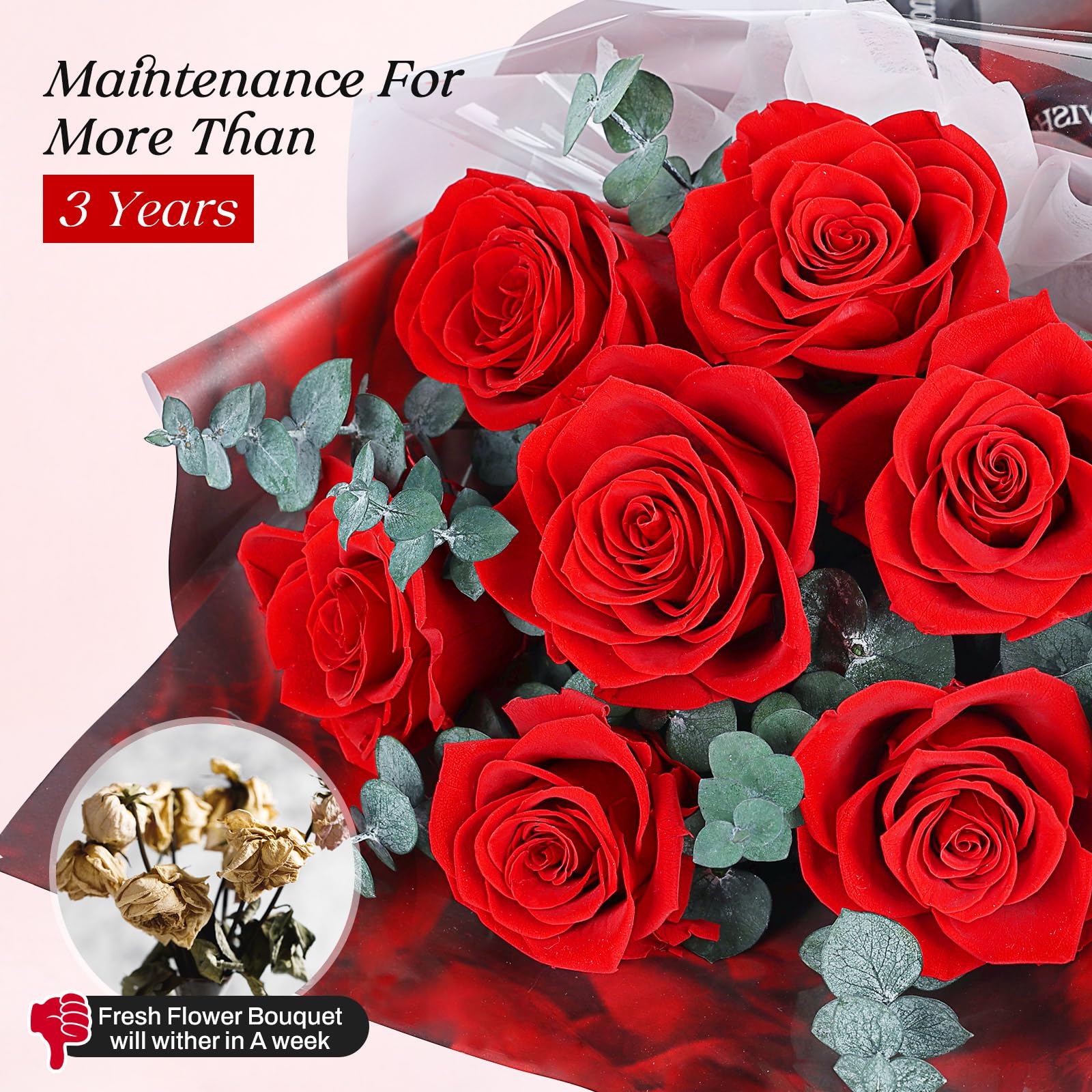 Bouquet di 7 Rose Rosse con Vaso, Rosa Stabilizzata, Fiori Eterni Conservati, Regali per Donna, Mamma, Moglie, Fidanzata, per Compleanno, Anniversario, San Valentino, Festa della Mamma