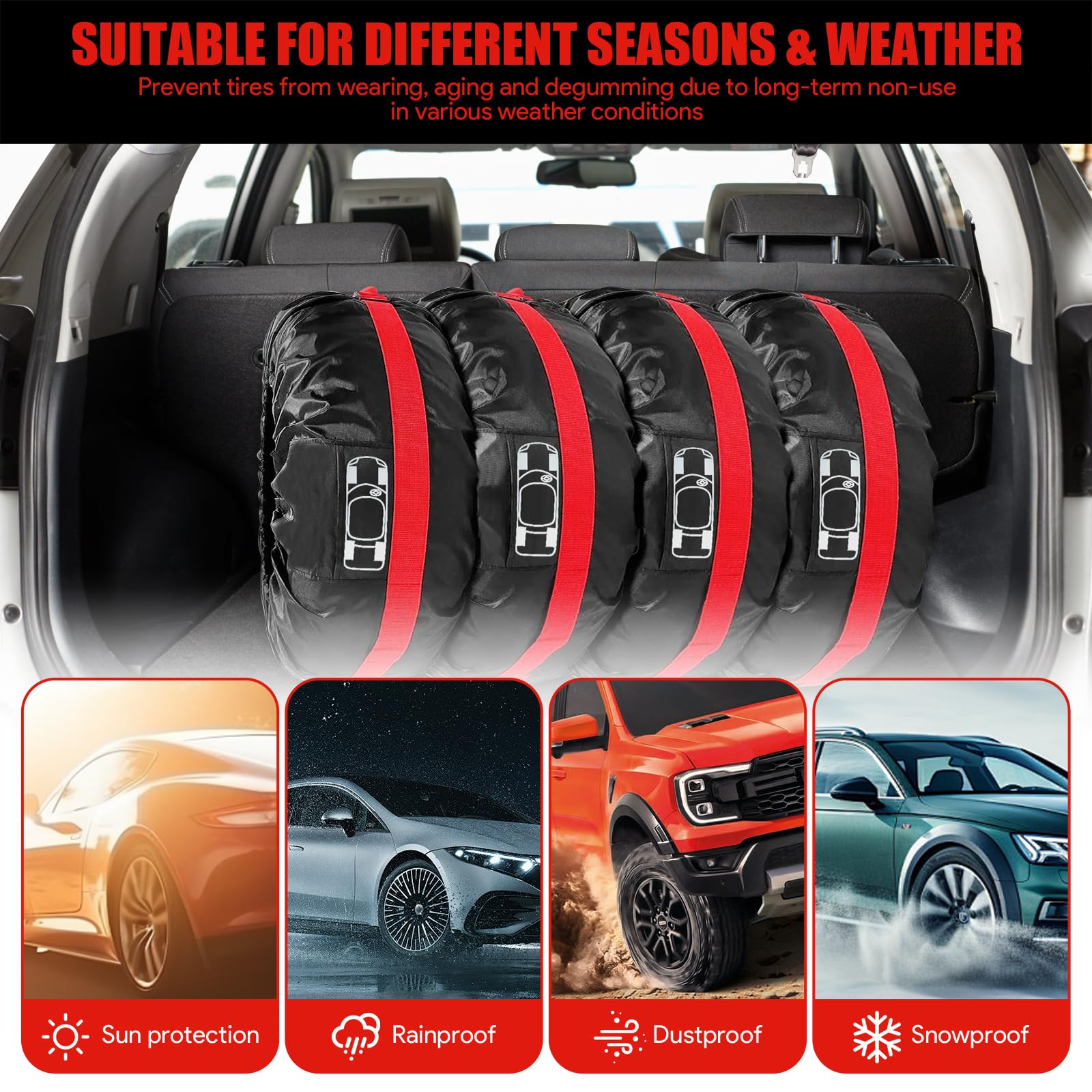 4 Pezzi Borsa Pneumatici Auto, 18-22" Copertura per Pneumatici di Ricambio Auto Copri Gomme Ruota Coperture, Impermeabili Antipolvere con Manico, Nero