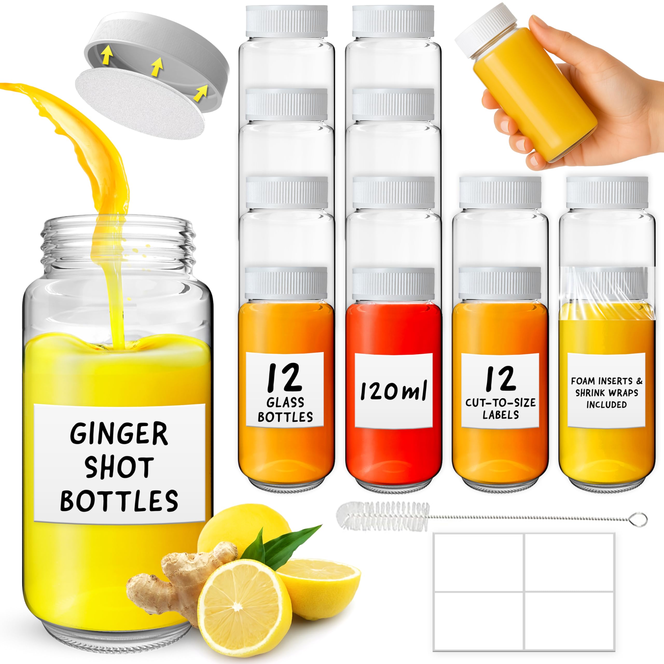 volila Shot Bottles with Lids - 12 Pack 4oz/120ml Reusable Glass Shot Bottles with 12 Round Labels and Pen - Portable and Leakproof