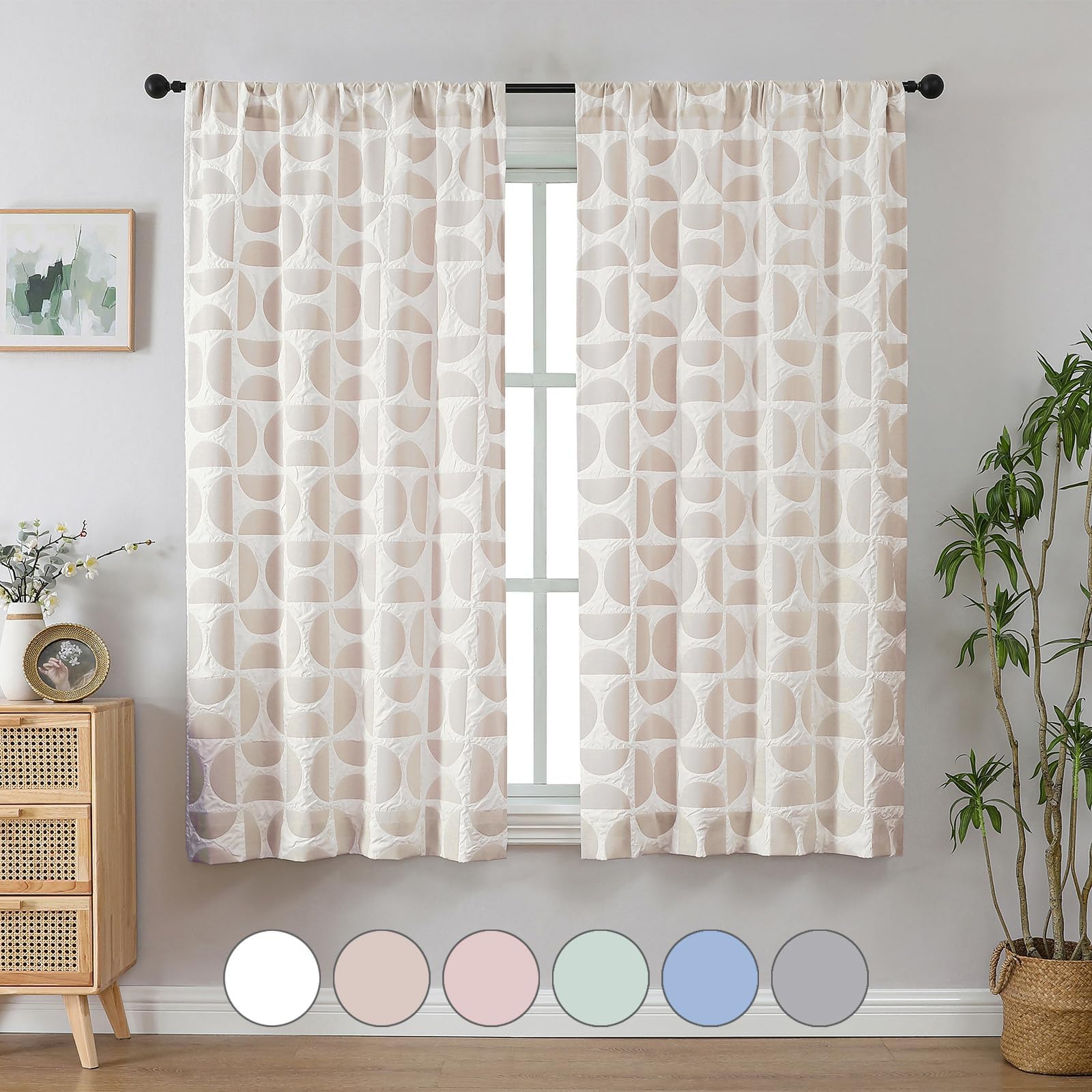 Aiyufeng Taupe and White 2 Panel Set, 38" W x 63" L, Soft Airy 3D Embossed Textured Light Filtering Curtains, Semi Rod Pocket, Bedroom, Dining Room, Nursery Room