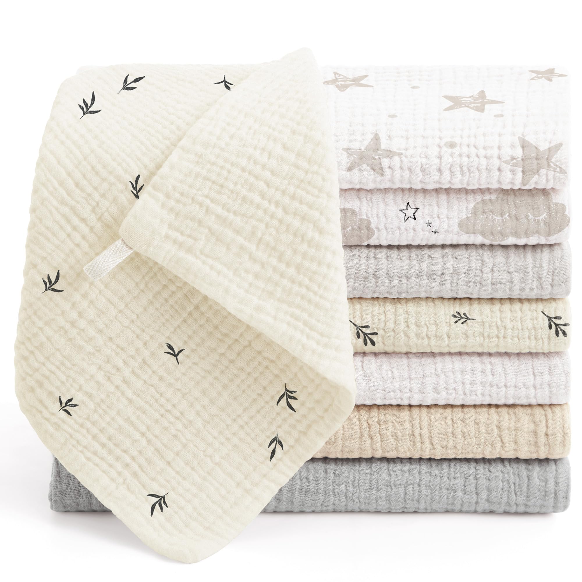 bearmoss Muslin Squares Cloths 100% Cotton Baby Burp Cloth 25x25CM Large Ultra-Absorbent Burp Cloth Soft Baby Face Towel for Newborn Baby Boy and Girl, 8Pack (White apricot)