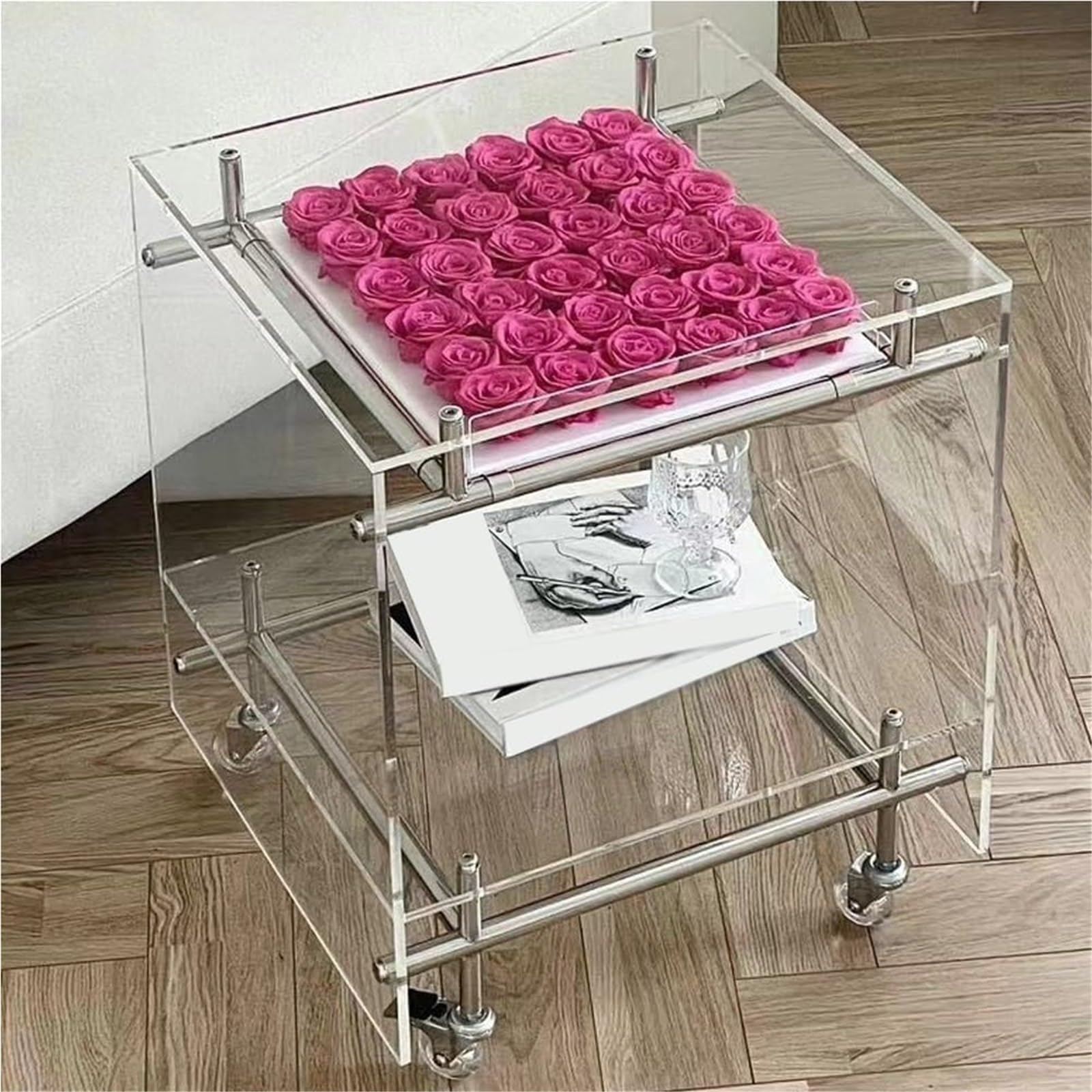 SXZenSpace 2 Tier Clear Side Table with Wheels Movable Small Coffee Tables Acrylic End Nightstand for Home Living Room Solid Construction(White)