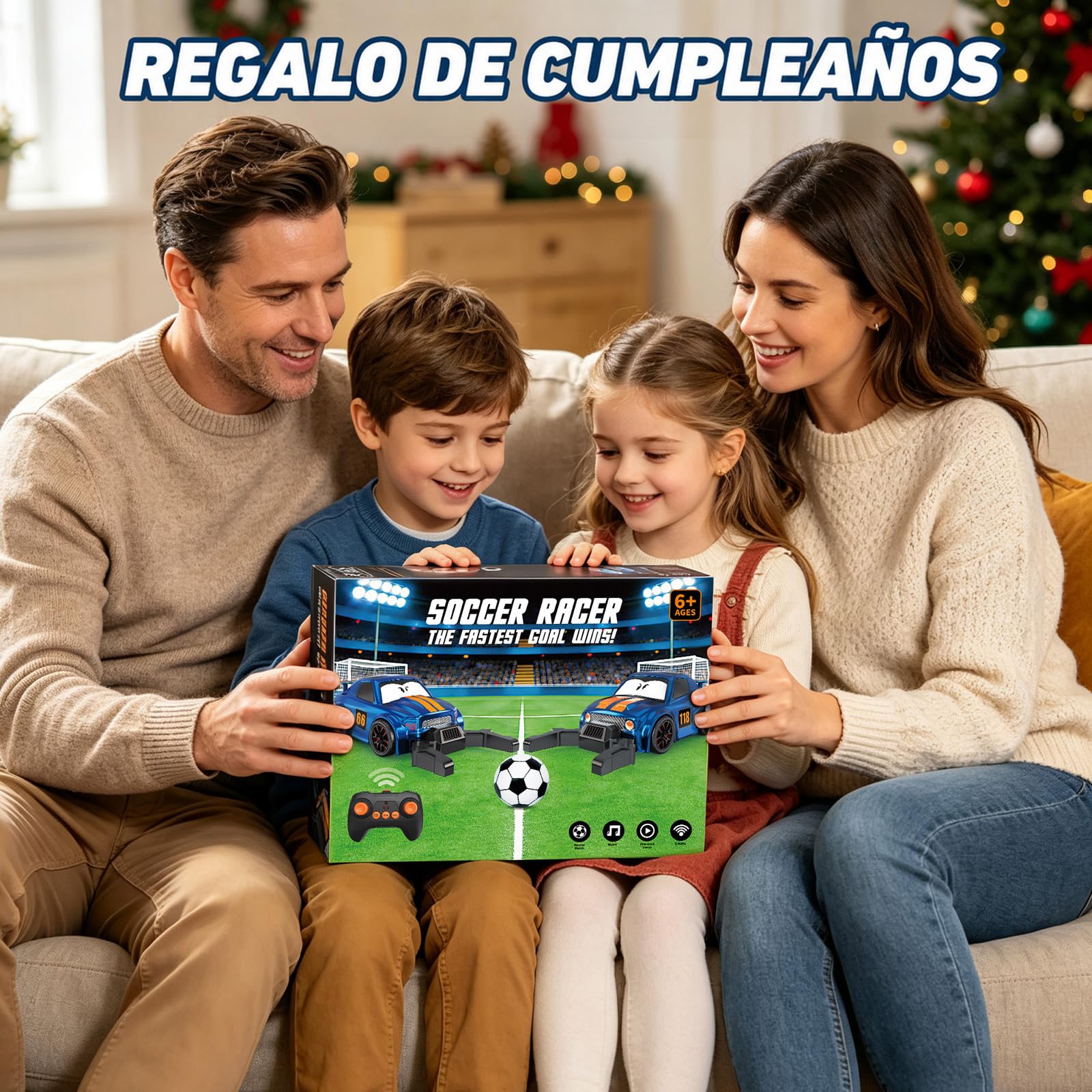 GizmoVine Juego de Fútbol RC para 2 Jugadores, 2 Coches Teledirigidos 2,4 GHz con Campo de Fútbol y Porterías, Giro 360°, Luces LED y Música, Juguete Interactivo para Niños de 6-15 Años