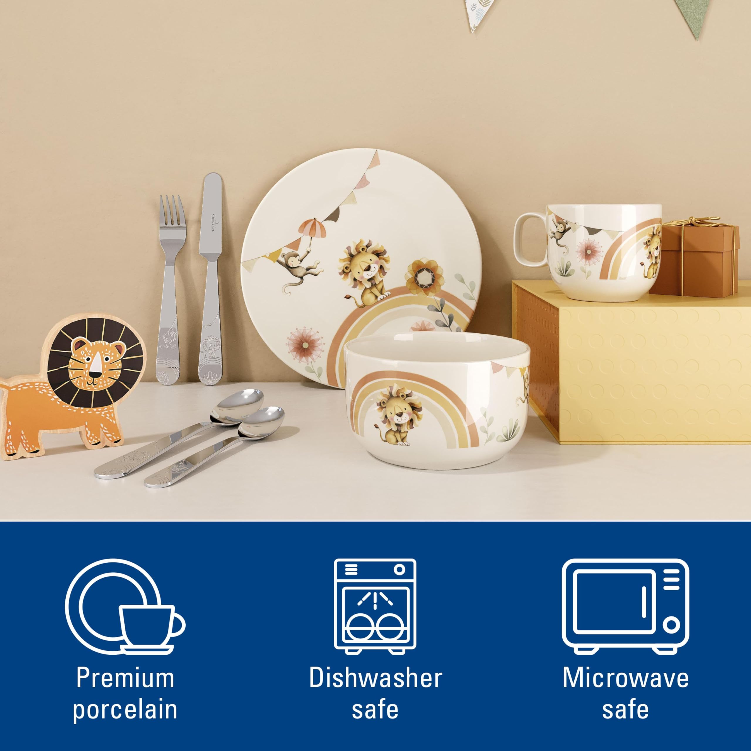 Villeroy & Boch - Boho kids "Roar like a lion" Komplet naczyń dla dzieci 7 szt., z porcelany i sztućce ze stali nierdzewnej, Nadaje się do kuchenki mikrofalowej i zmywarki, Wielokolorowy