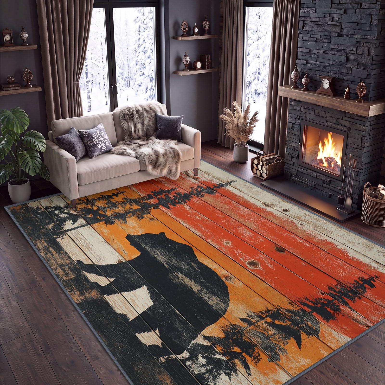 Alfombra para sala de estar, 140 x 200 cm, lavable a máquina, diseño de oso animal, alfombra de pino, alfombra rústica antideslizante de pelo bajo, alfombra para dormitorio, comedor, lavandería