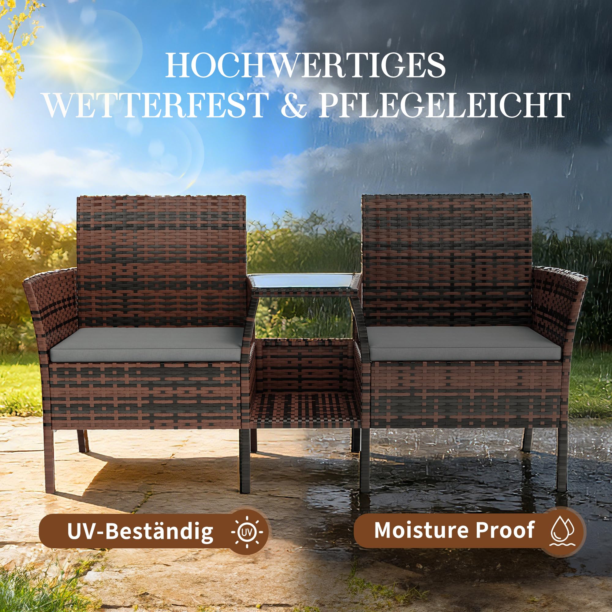 Amopatio Polyrattan Gartenbank, Outdoor Sitzbank mit Tisch & Ablage, Gartenmöbel Rattan Gartensofa, Wetterfest & UV-beständig Balkonbank Sitzgruppe für Garten, Balkon, Braun