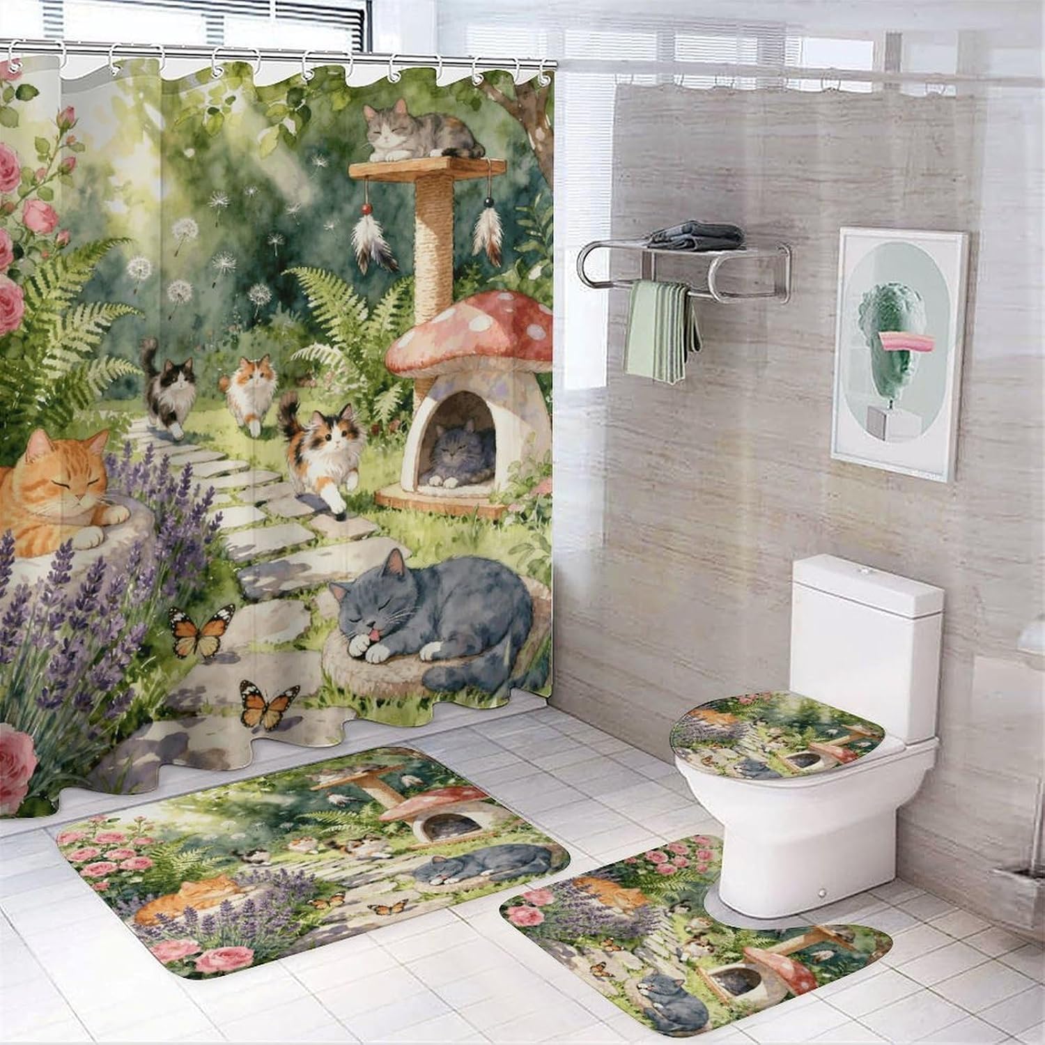 Cat Garden Bathroom Rugs Sets 4 Piece | Shower curtain sets, non-slip absorbent soft flannel bath mat, u-shaped toilet mat & lid cover, bathroom decor accessories