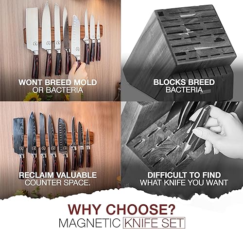 Miniatura 6 de 8 cuchillos de chef  Cuchillos de acero inoxidable de alto carbono con asas de madera de Pakkawood  Soporte de tira magnética incluido  Juego de