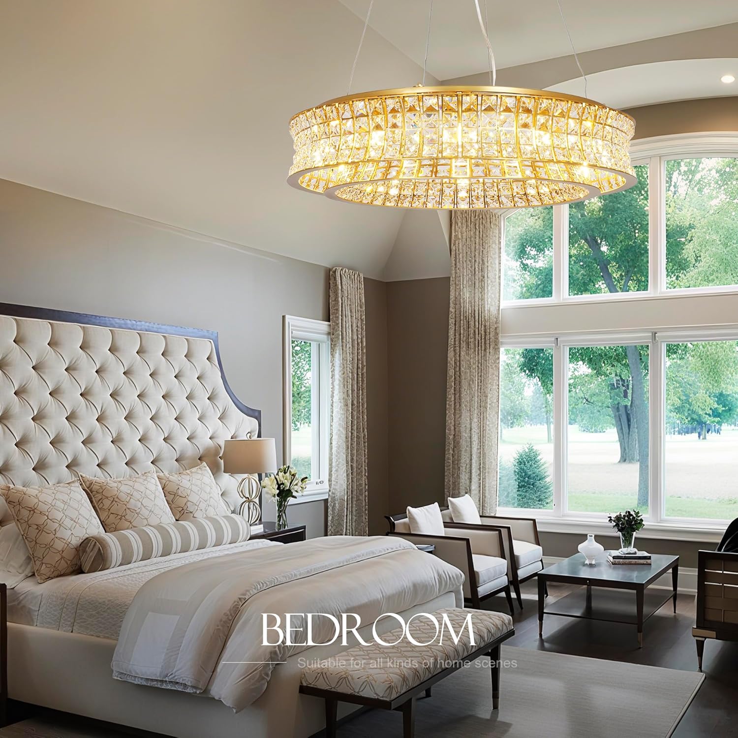 Modern K9 Crystal Chandeliers Light Brushed Brass Dining Chandelier Round Luxury Crystals Ceiling Hanging Pendant 12 Lights Lighting Fixture Living Bedroom Entryway D24