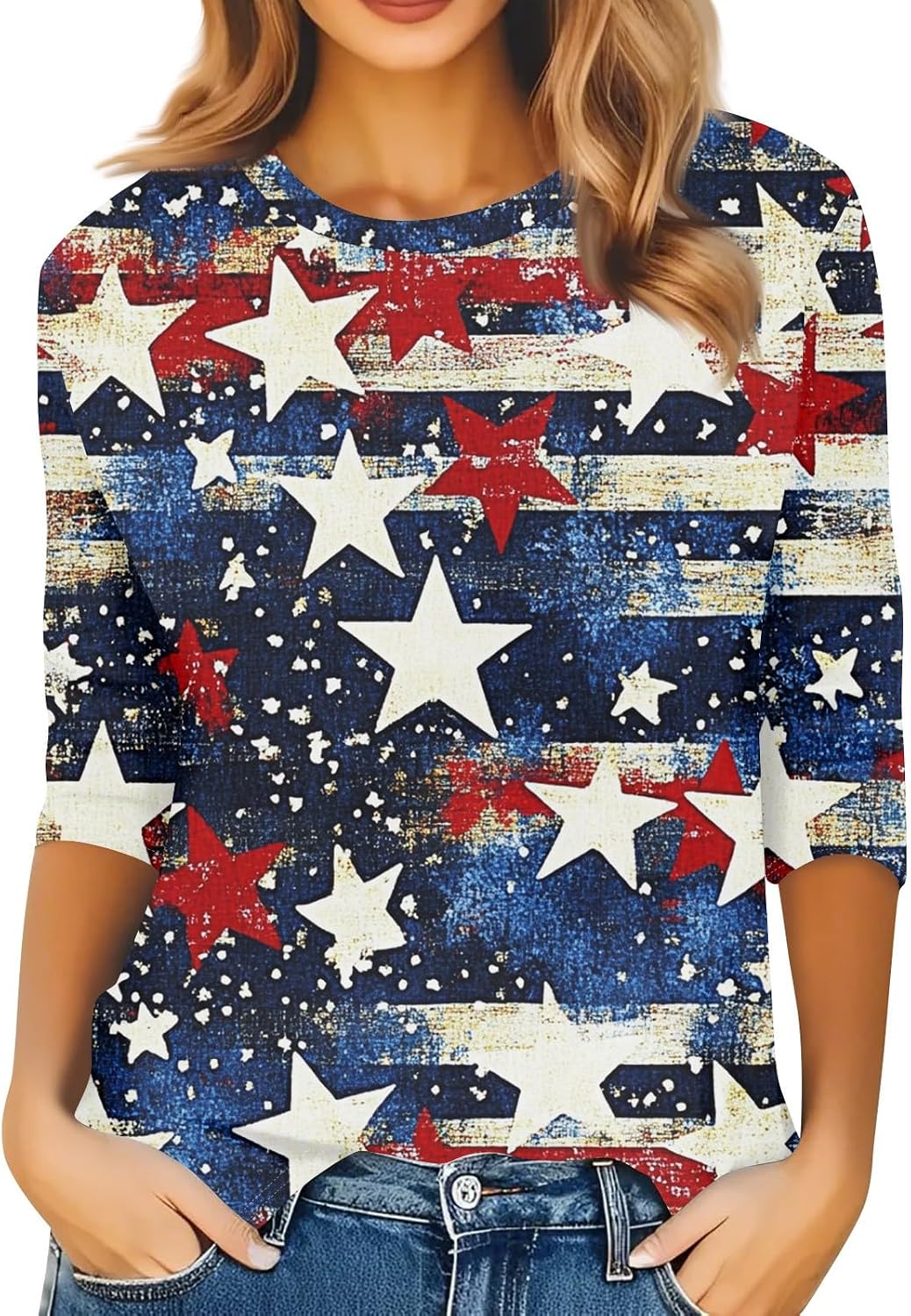 Women's 250Th Anniversary USA Shirt, 3/4 Sleeve Crewneck American Flag Shirts, 4Th of July Tee Tops, S-3XL