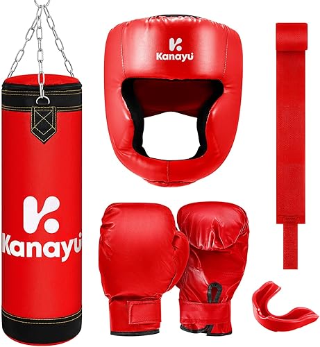 Kanayu Juego de 6 sacos de boxeo para niños, regalo de boxeo juvenil, incluye saco de boxeo colgante, casco de boxeo, guantes de boxeo de
