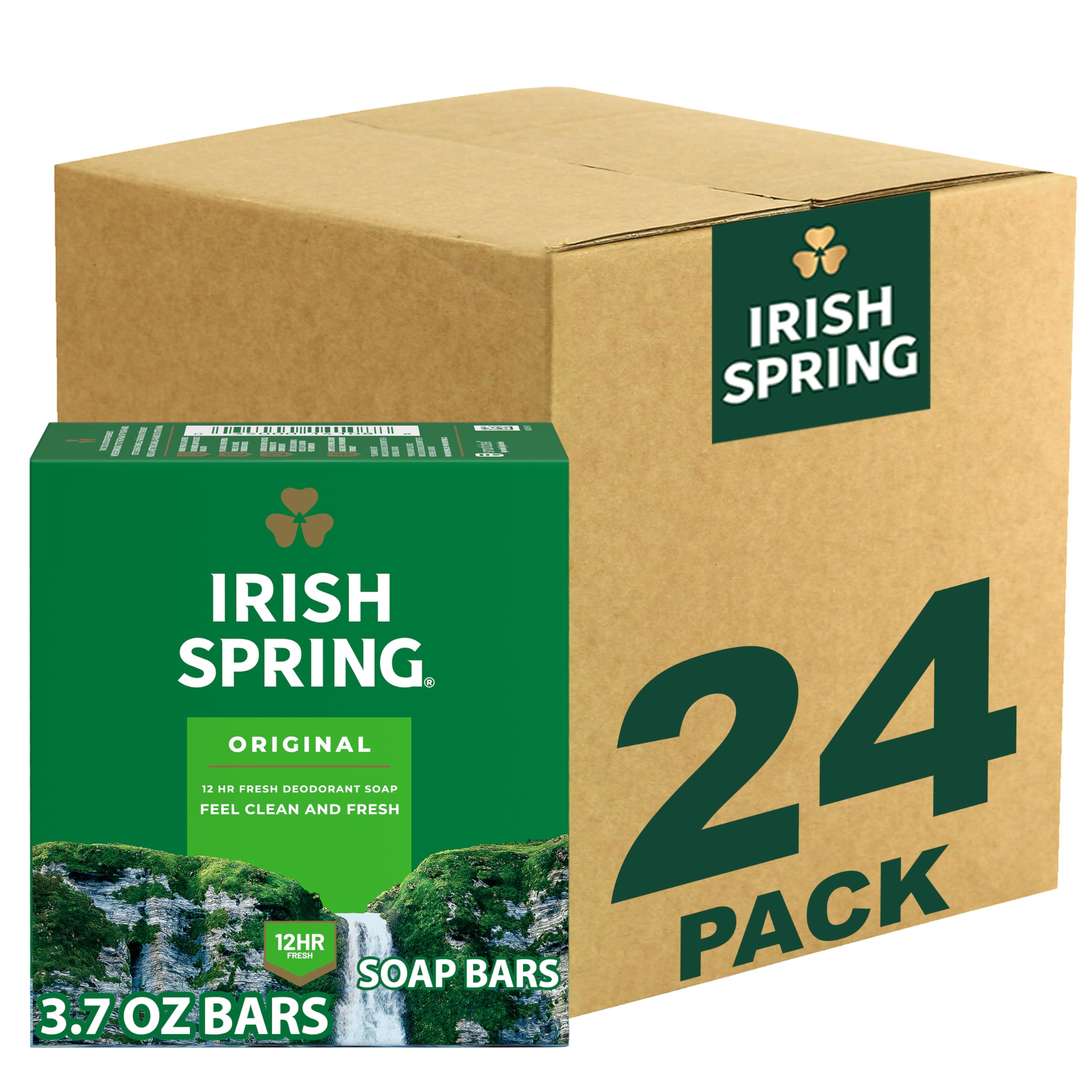 Irish SpringBar Soap for Men, Original Clean Mens Bar Soap, Smell Fresh and Clean for 12 Hours, Men Soap Bars for Washing Hands and Body, Mild for Skin, Recyclable Carton, 24 Pack, 3.7 Oz Soap Bars