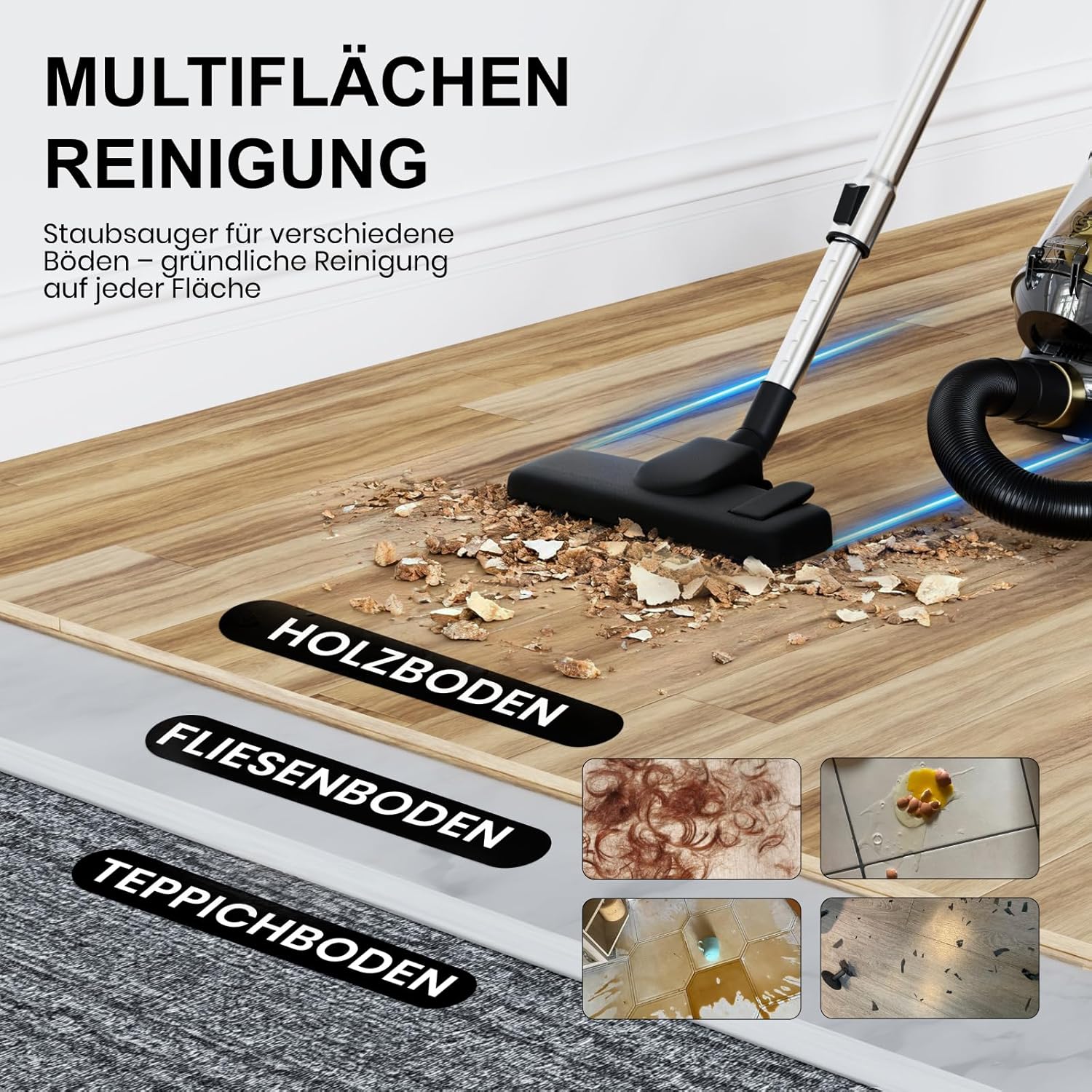Image showing the vacuum cleaner being used on wood, tile, and carpeted floors, demonstrating its multi-surface cleaning capability.