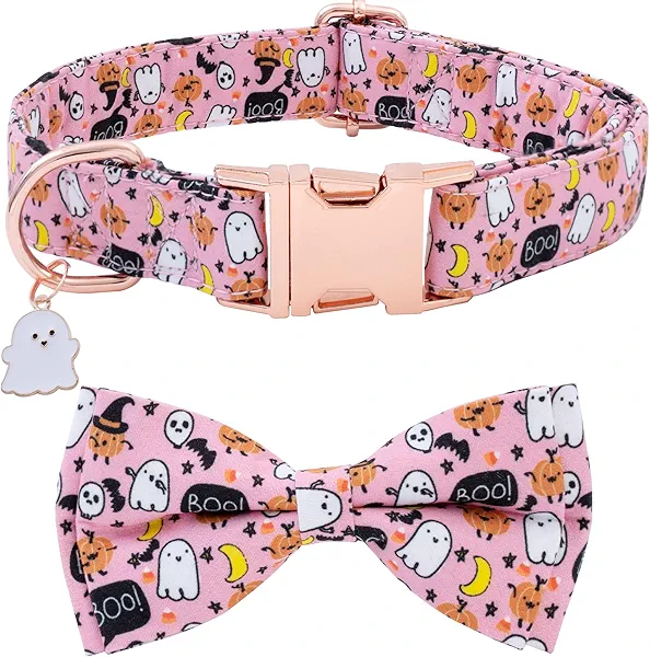 Faygarsle Bow Tie Halloween Fall Dog Collar for Small Medium Large Dogs Fashionable Cute Collar for Male Female Dogs Pink Cotton Dog Collar with Metal Buckle Spectre Pumpkin Pattern L