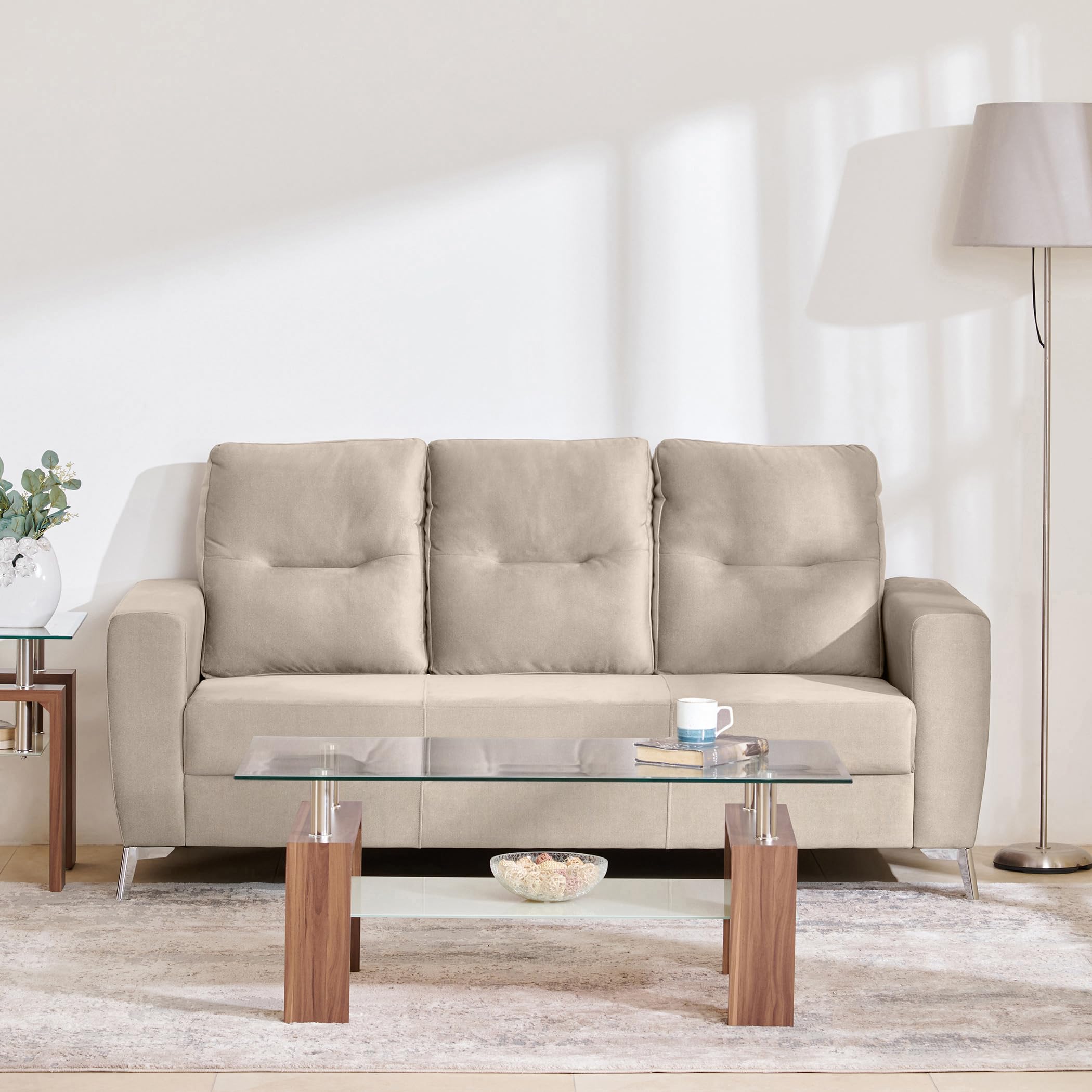 Home Centre | Sylvester Plus Fabric 3-Seater Sofa | Sofa for Living Room | Solid Wood | Beige | 1 Year Warranty