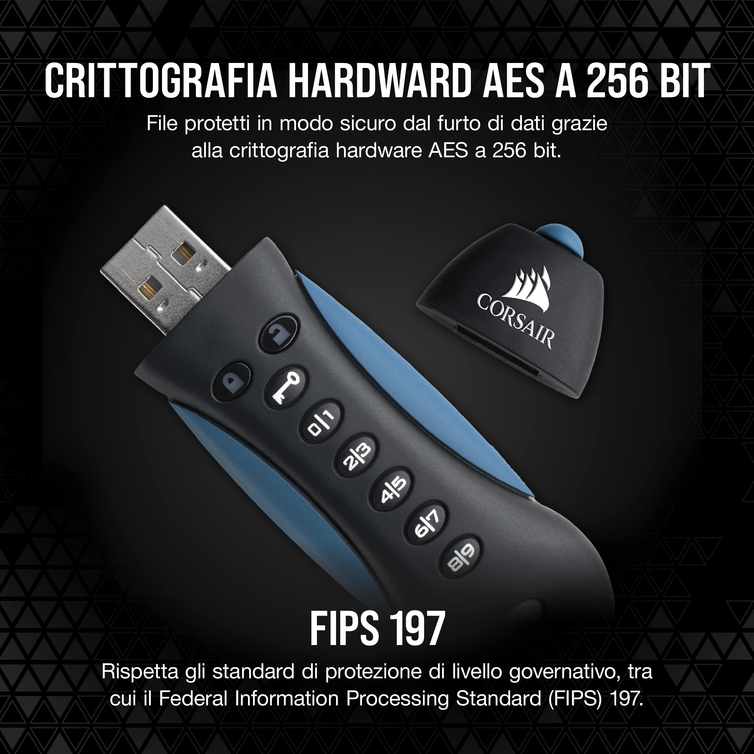Corsair Flash Padlock 3, 64 GB Chiavetta USB 3.0 Sicura con Tastiera, Crittografia AES a 256 bit, Personalizzabile Cifre Identificazione, Il Rilevamento Integrato Antimanomissione, Nero/Blu