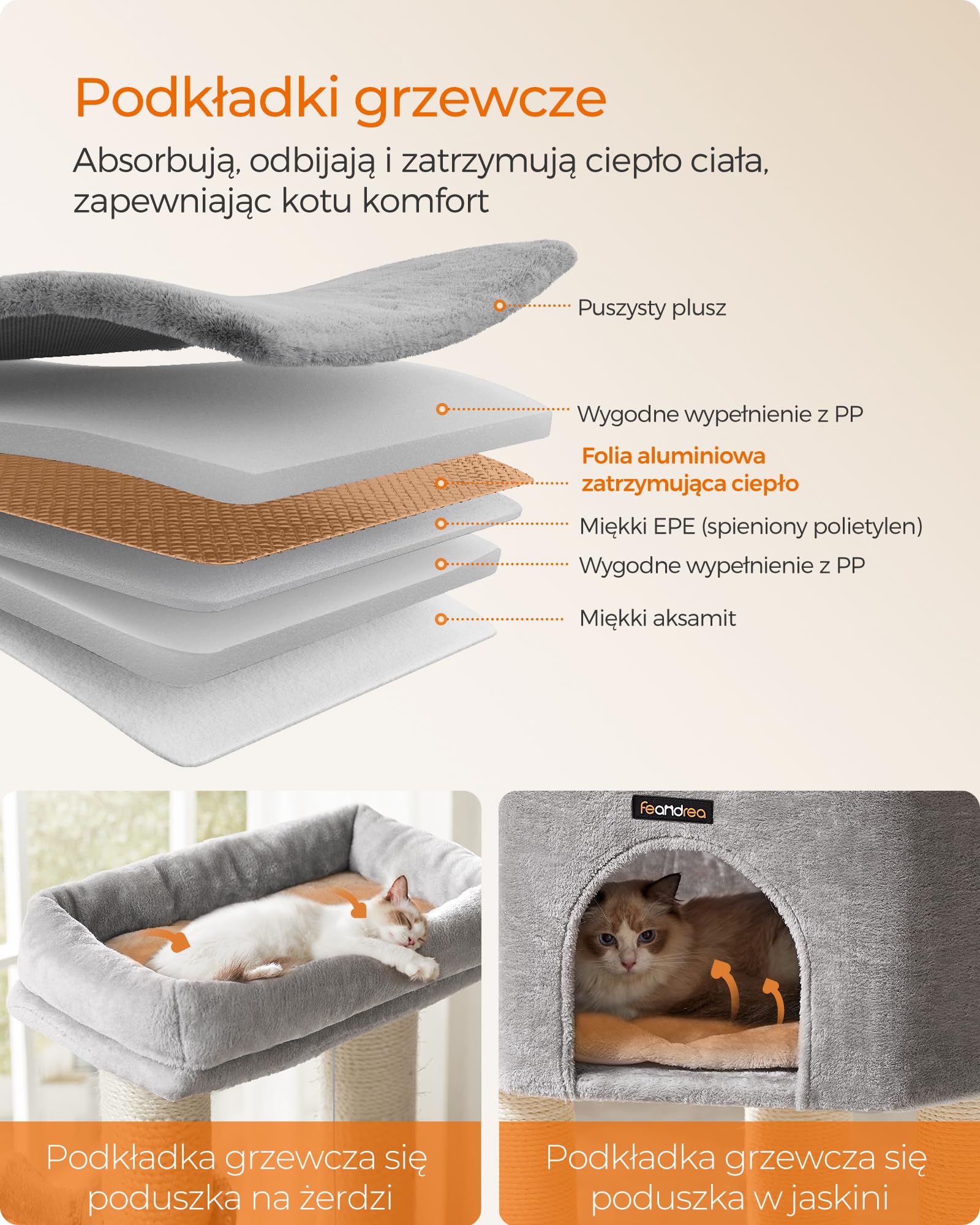 Feandrea Drapak dla kota z ciepłymi kocami, dla dużych kotów, 2 szczotki kotów, grubość pnia 11,1 cm, duże platformy, 50 x 50 x 160 cm, kolor gołębiej szarości i kremowej bieli PCT003N01