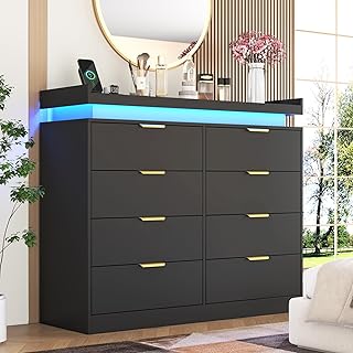 8 Drawer Dressers for Bedroom, Black Dresser with LED Lights and Power Outlet, Wood LED Dresser, Double Wide Modern Chest of Drawers for Bedroom, Entryway, Hallway