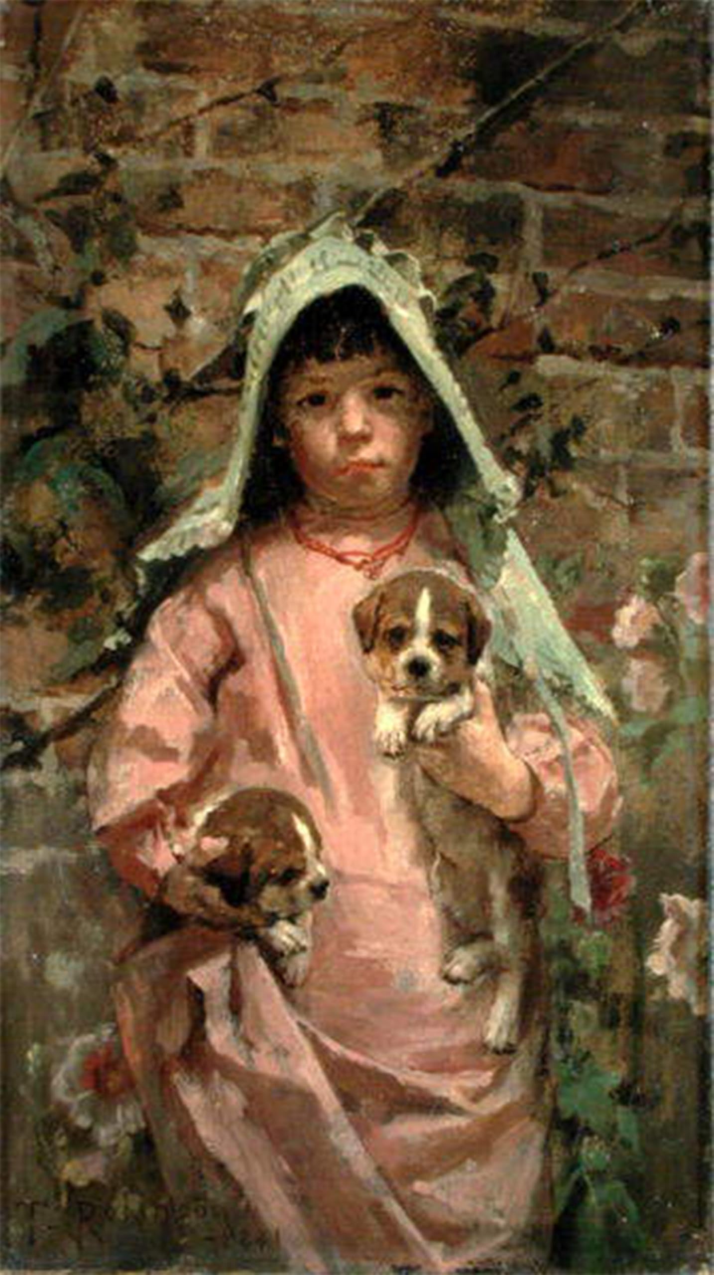 SERENDIPITP Abstract Painting Mural Print Picture Wall Decor Painting Girl with Puppies by Theodore Robinson Vintage Wall Artwork for Home Decor 60x90cm